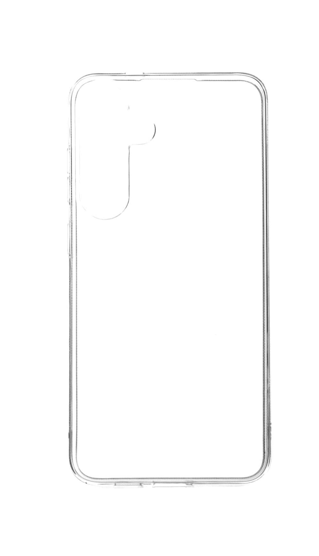 Eine transparente Handyhülle auf weißem Hintergrund. Es hat Aussparungen für die Kamera und Knöpfe.