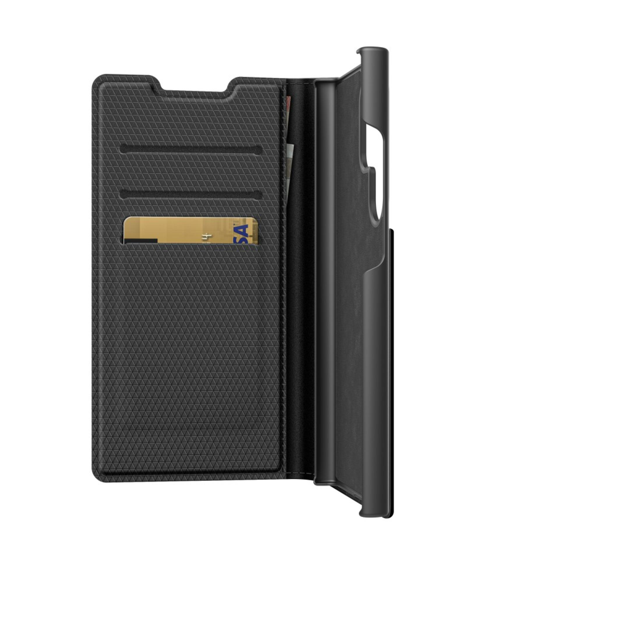 Un portafoglio nero per custodia del telefono con carta di credito e contanti visibili.