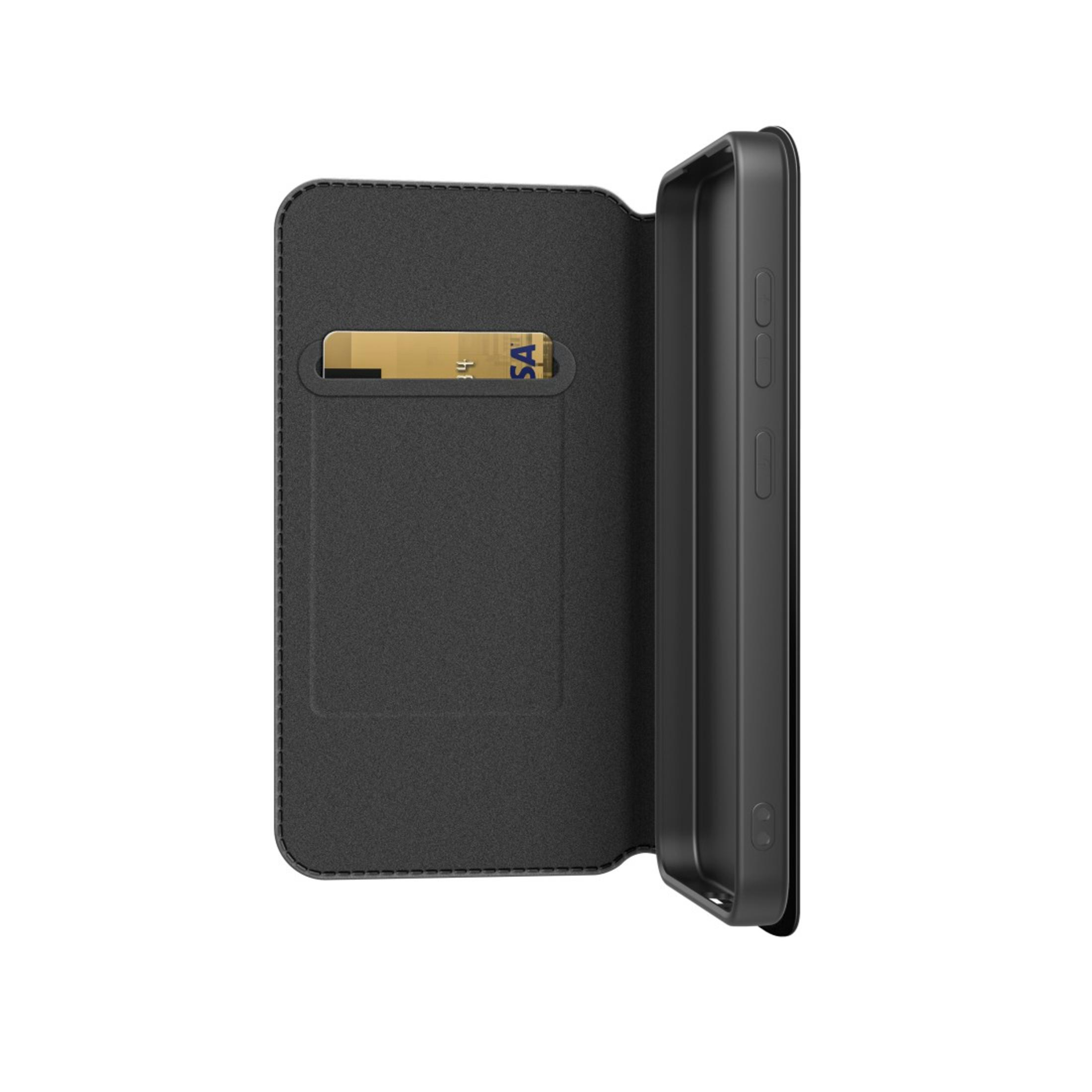 Étui de téléphone noir avec fente pour carte. Fermé à gauche, ouvert à droite.