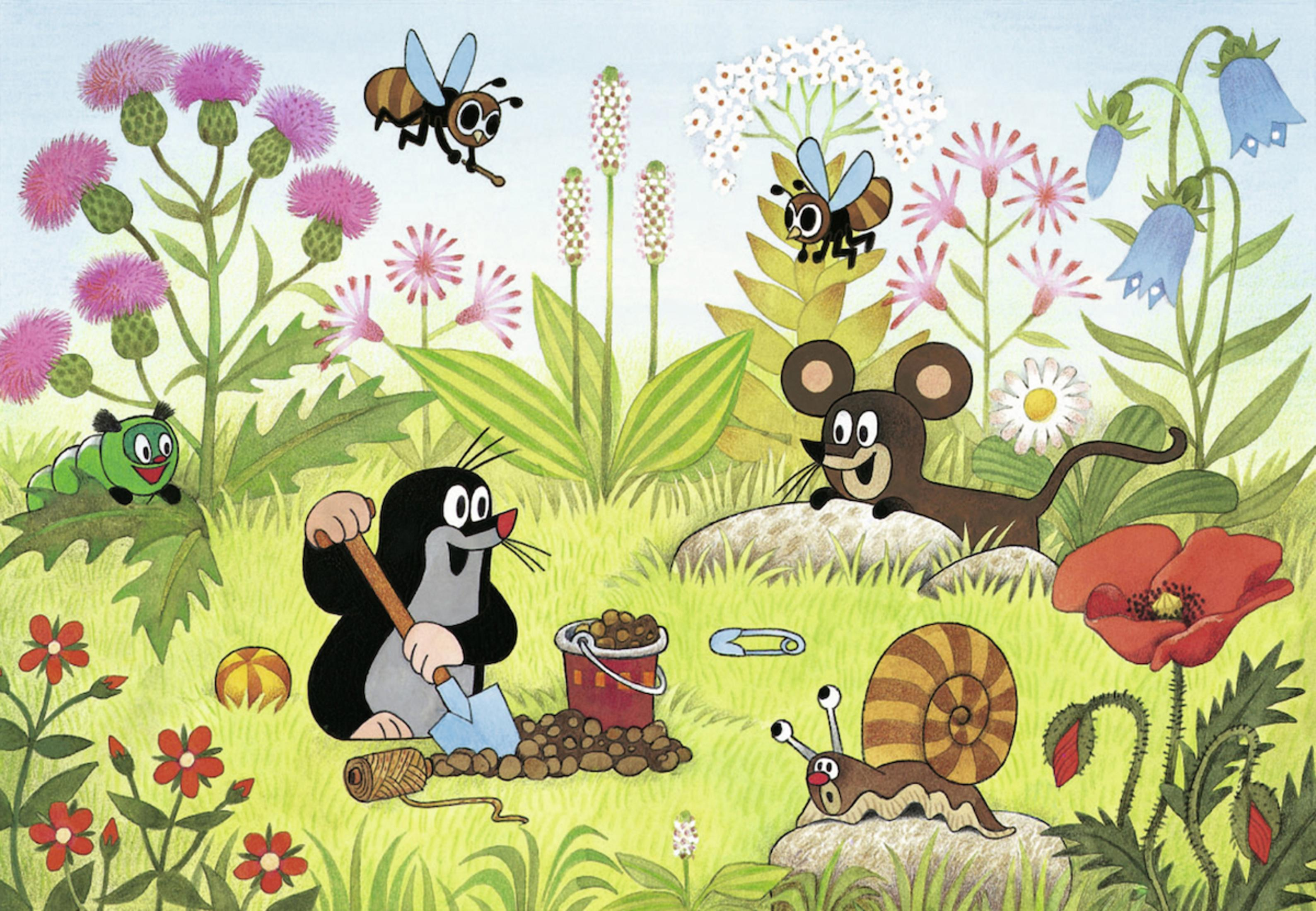 Scena a cartoni animati. Una talpa vangala terra. Api, un topo e una lumaca sono in un giardino.