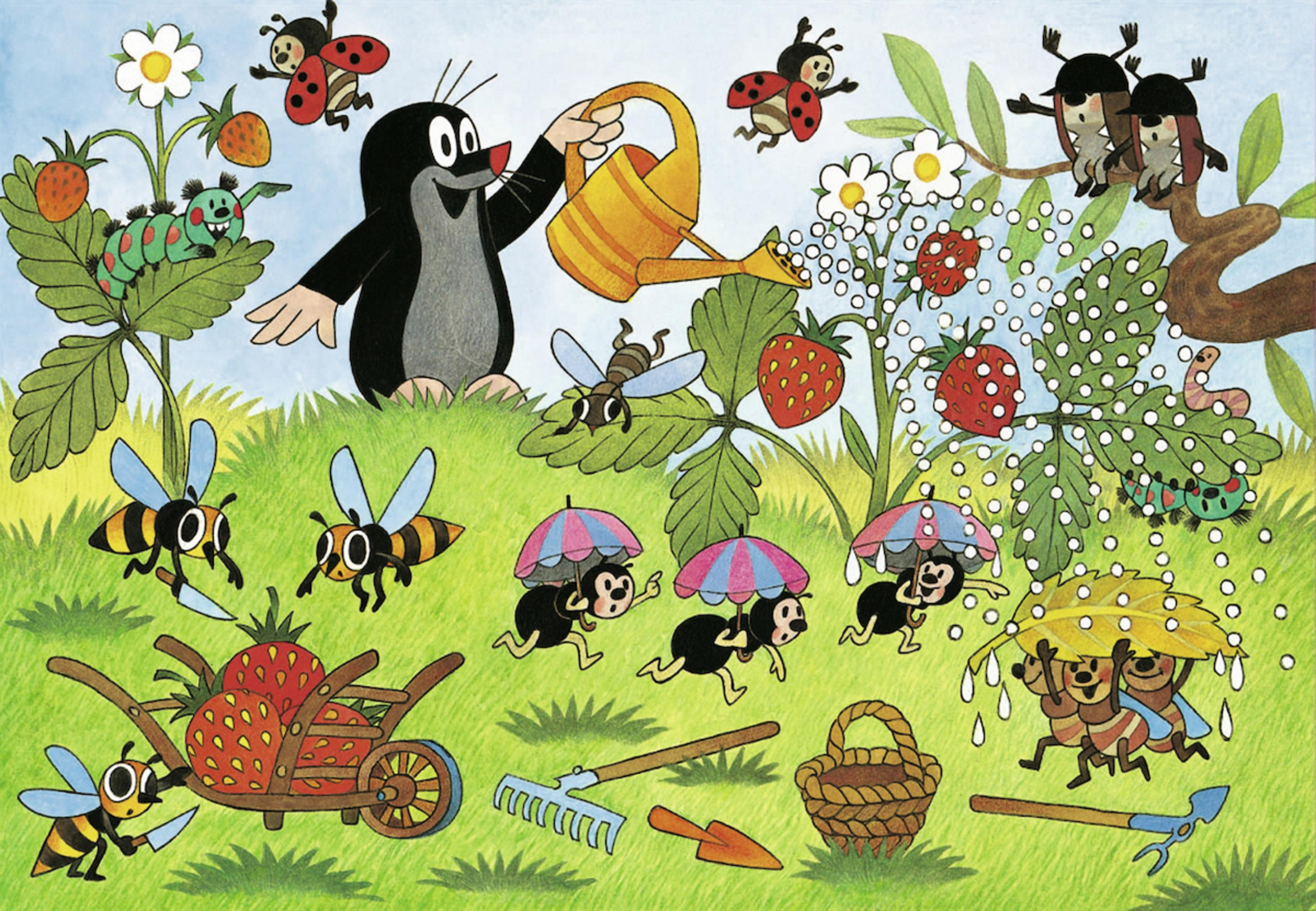 Scena a cartoni animati. La talpa innaffia le fragole. Api, coccinelle e altri insetti presenti.
