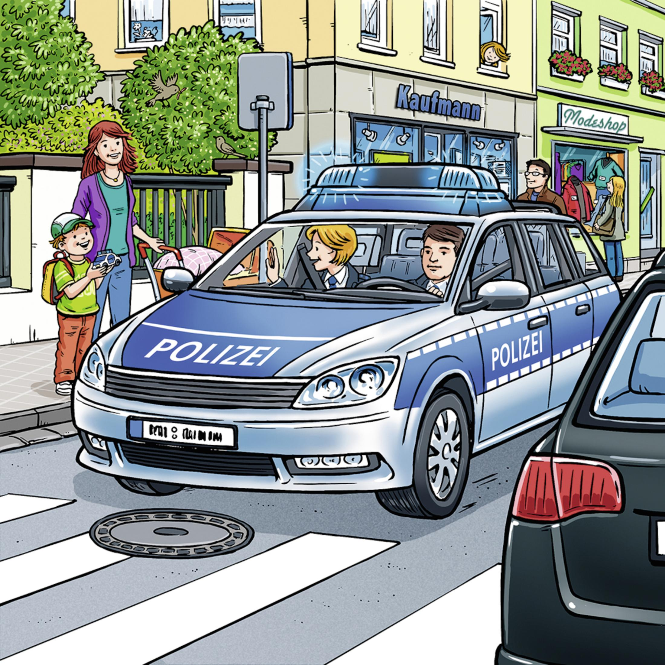 Samochód policyjny na przejściu dla pieszych z ludźmi na chodniku. Samochód policyjny jest pokazany na zdjęciu.