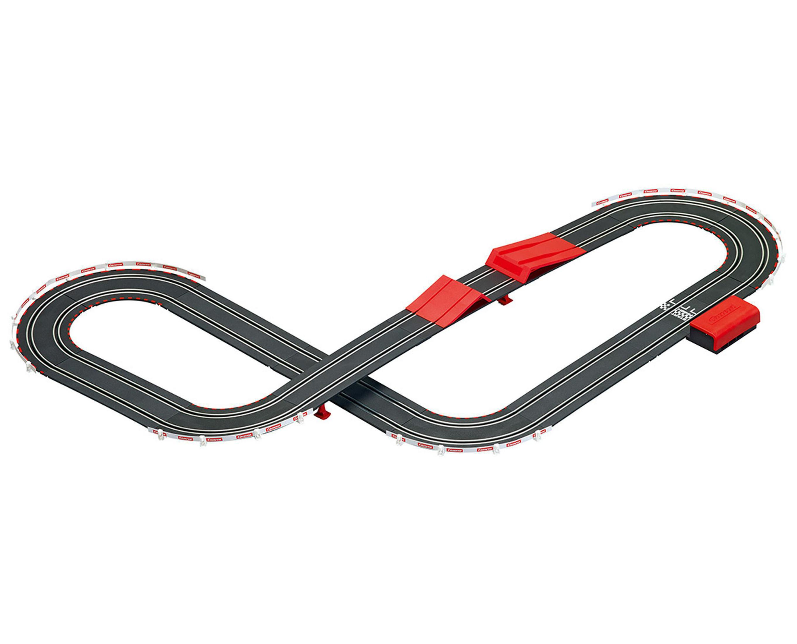 Tor wyścigowy dla samochodów szczelinowych w kształcie nieskończonej pętli, z czerwonymi odcinkami toru.