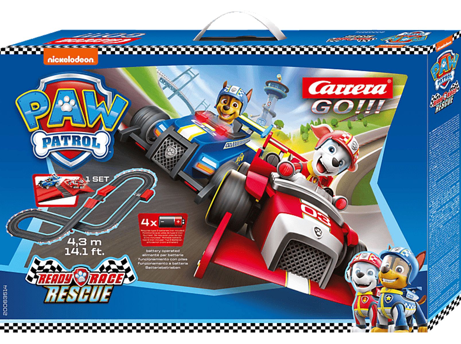 Pudełko z torem wyścigowym Paw Patrol. Dwa autka z postaciami ścigają się na torze.