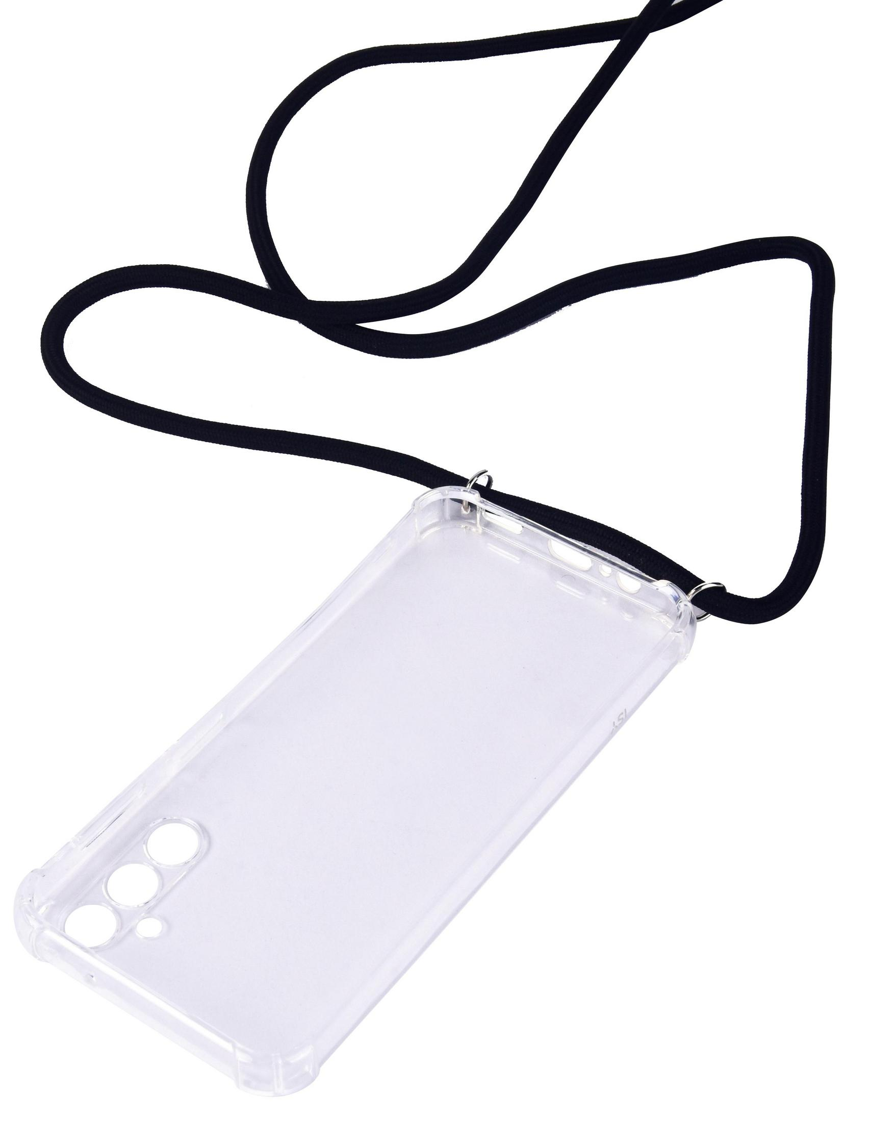 Transparente Handyhülle mit schwarzem Kabel, abgewinkelt auf weißem Hintergrund.