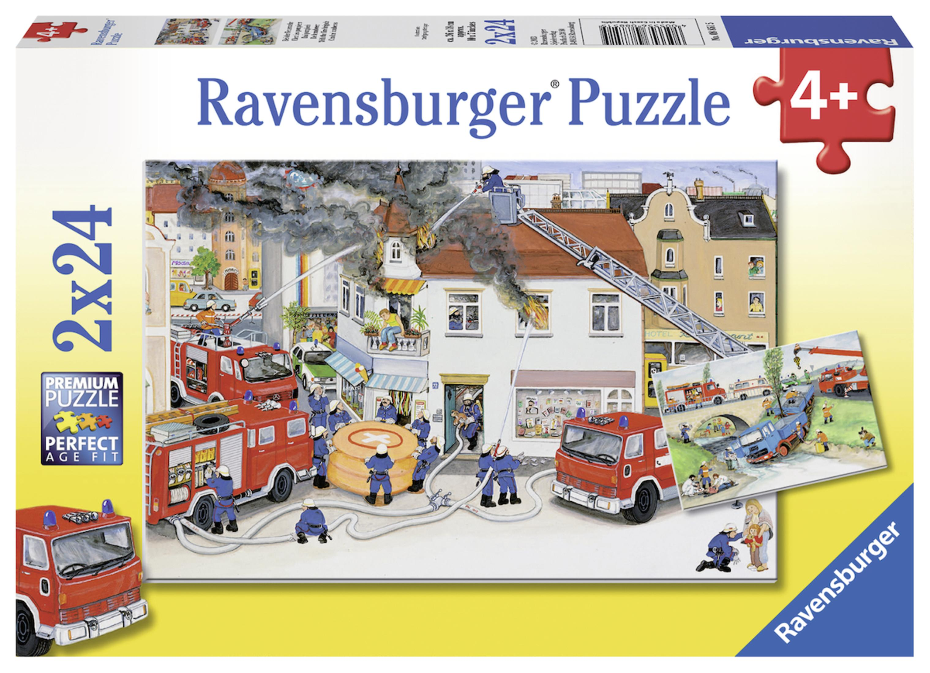 Scatola di puzzle con un edificio in fiamme, autopompe, pompieri e altri pezzi.