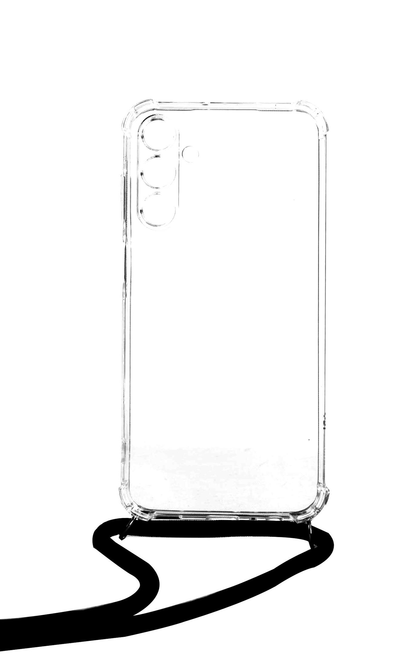 Transparente Handyhülle mit drei Kameraausschnitten, schwarzer Schatten. Weißer Hintergrund.