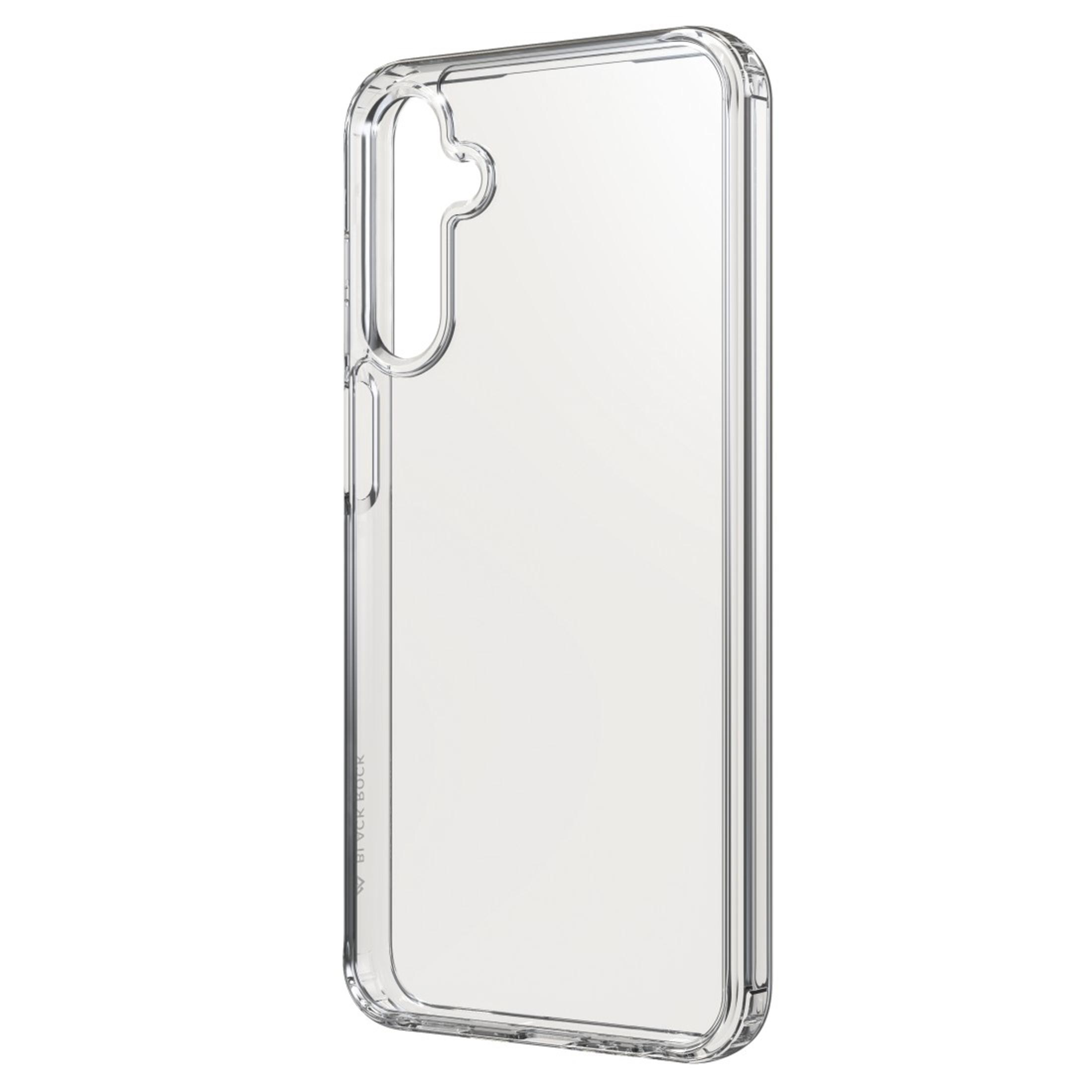 Eine transparente Handyhülle. Es hat eine Kameraöffnung, Knöpfe und ein klares Design.