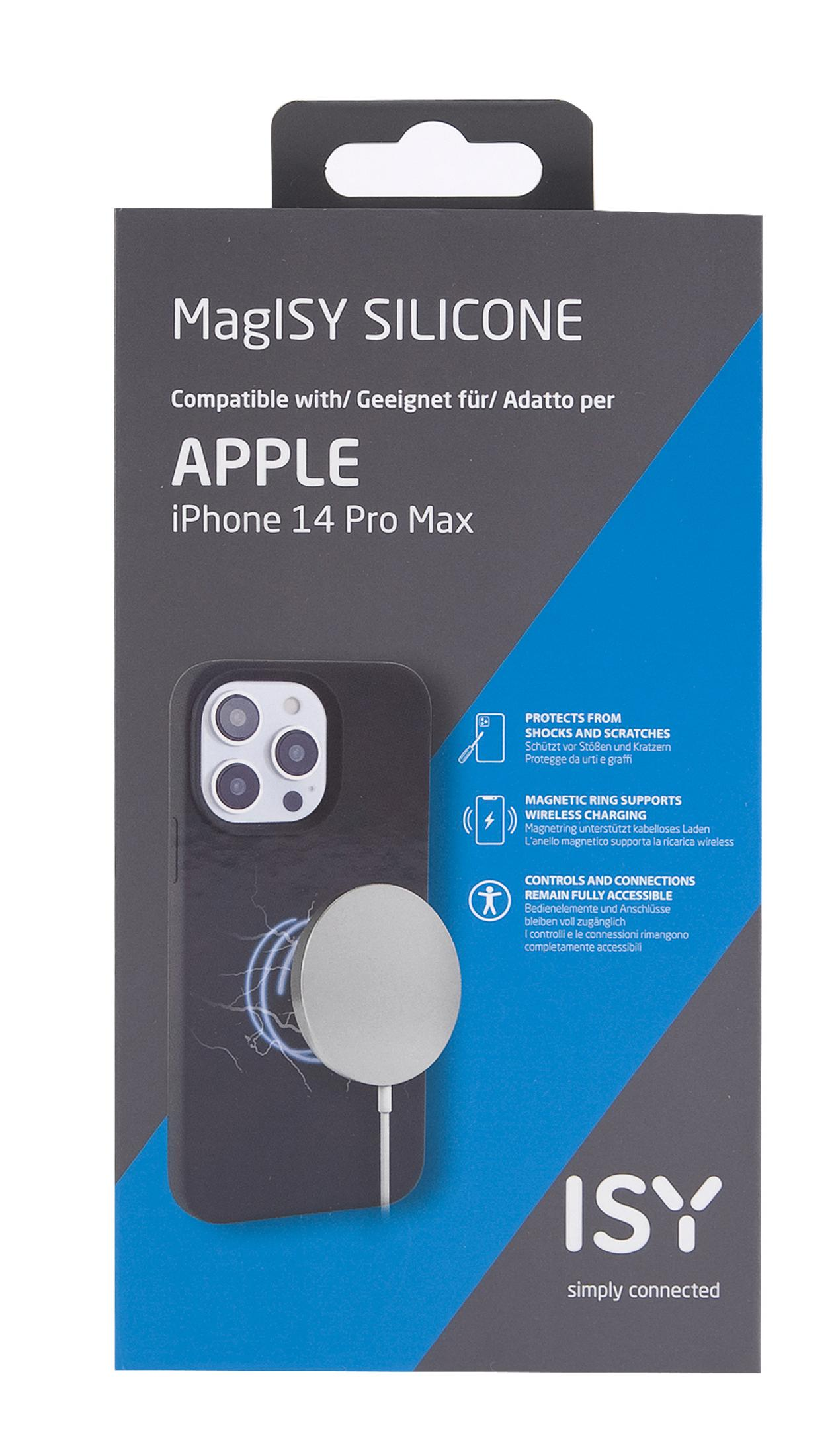 Funda para iPhone 14 Pro Max con MagSafe. La funda es negra con un círculo de carga blanco y una caja negra.