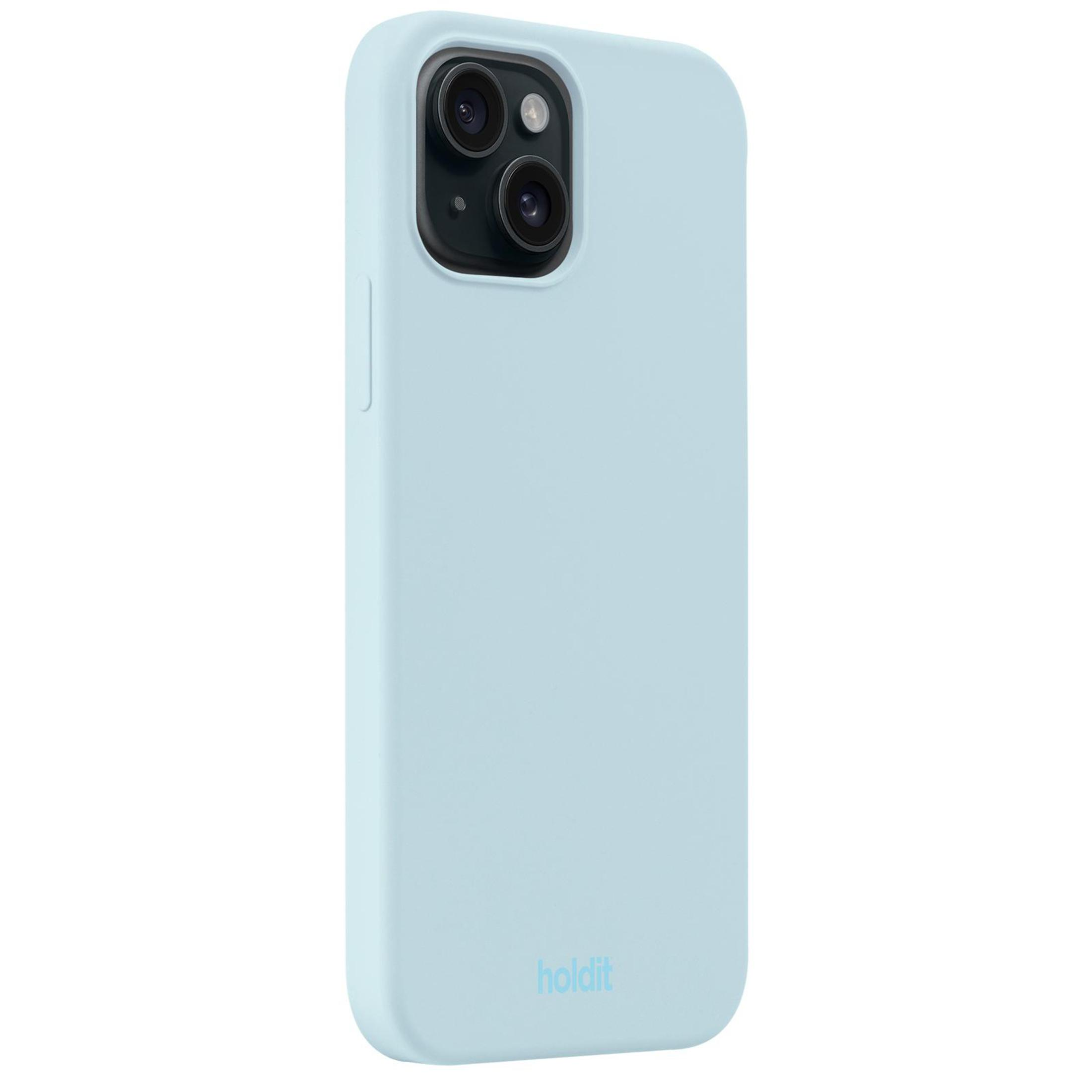 Hellblaue Handyhülle mit Dual-Kamera. Die Marke 'holdit' ist sichtbar.