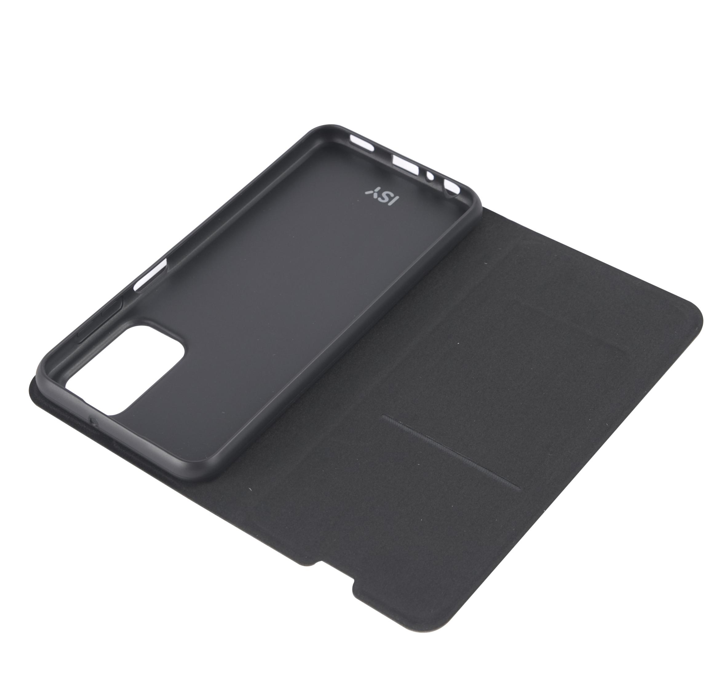 Geöffnete schwarze Smartphone-Hülle. Die Innenseite ist schwarz mit dem ISY-Logo. Die Außenseite ist auch schwarz.
