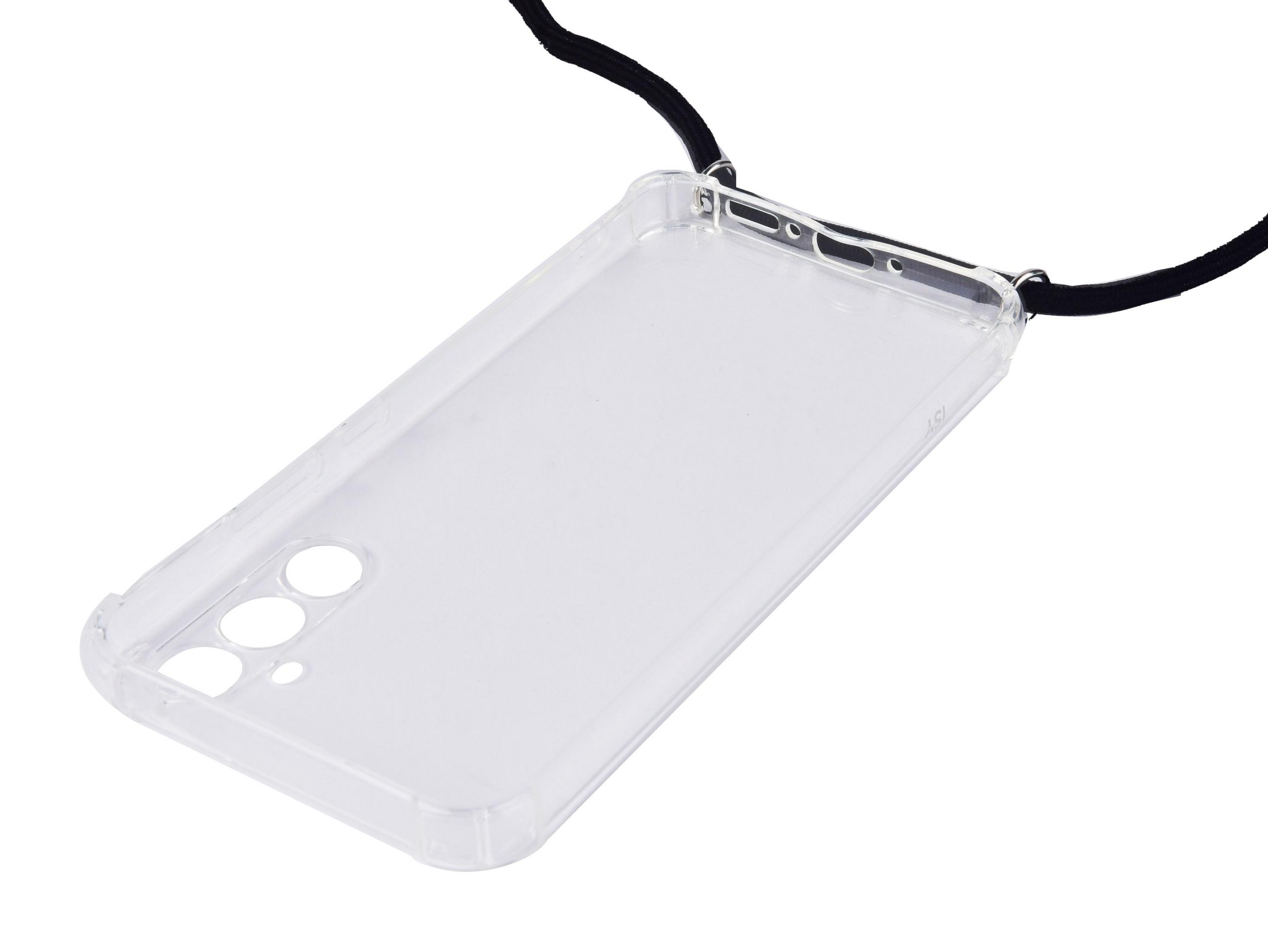 Transparente Handyhülle mit schwarzem Umhängeband, vor weißem Hintergrund.