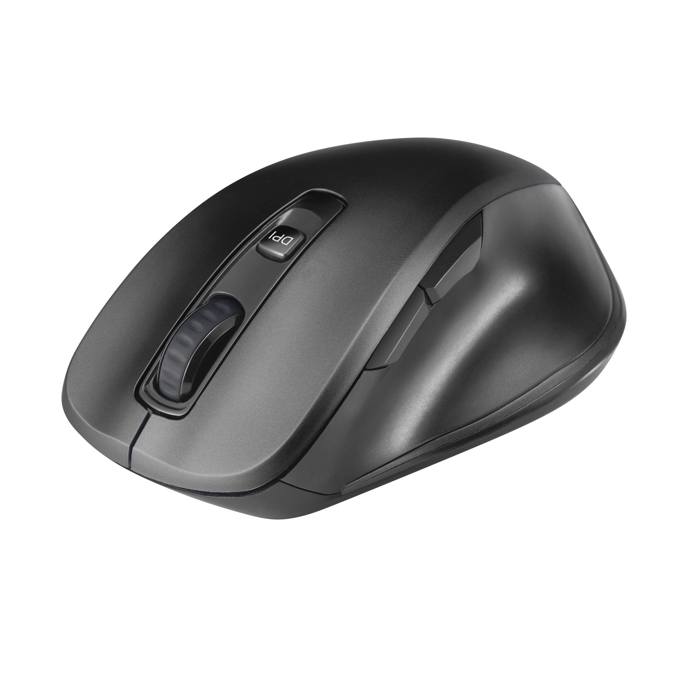 Schwarze ergonomische Maus mit DPI-Anpassung und Scrollrad.
