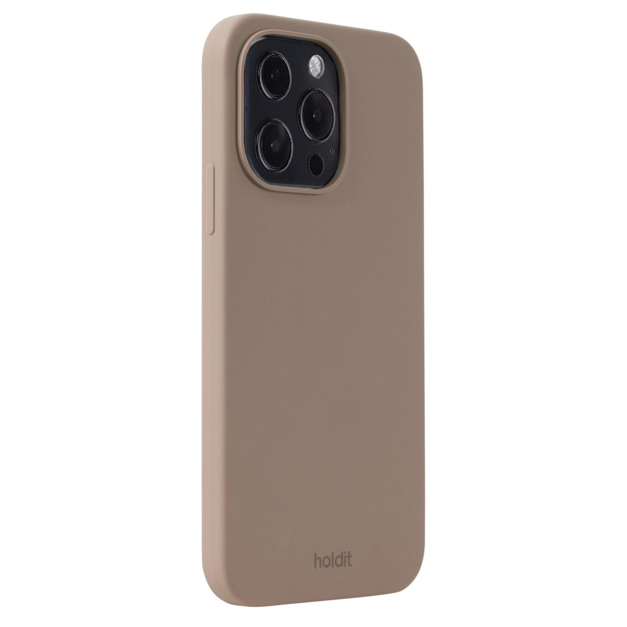 Beige Handyhülle mit Kameraausschnitt und Markenlogo.