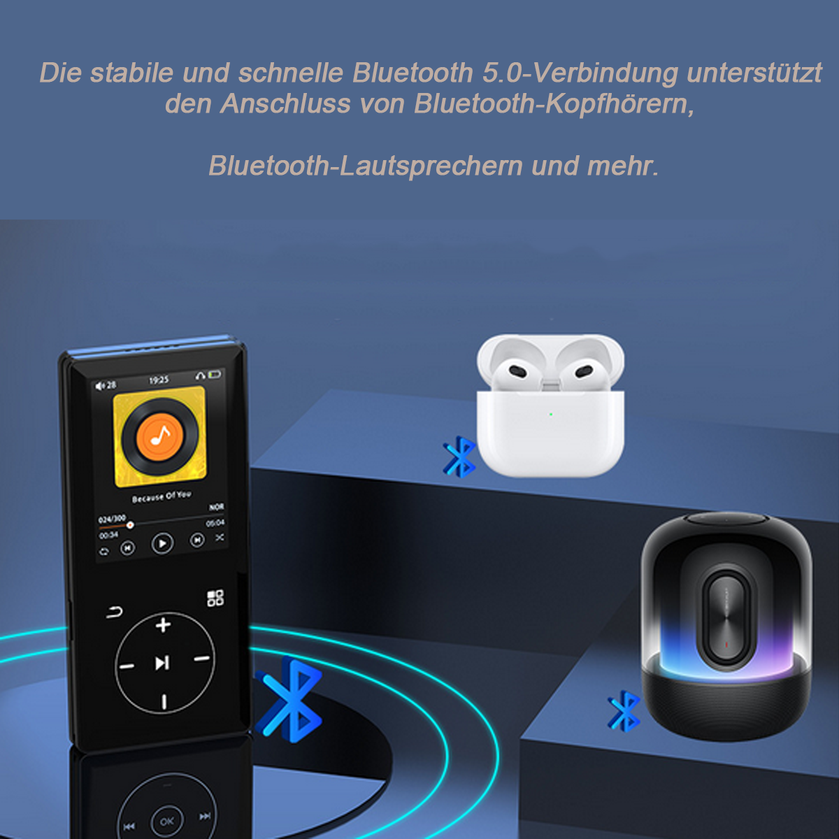 Schwarzer Musikplayer, weiße Ohrhörer und ein Lautsprecher mit blauem Bluetooth-Symbol.