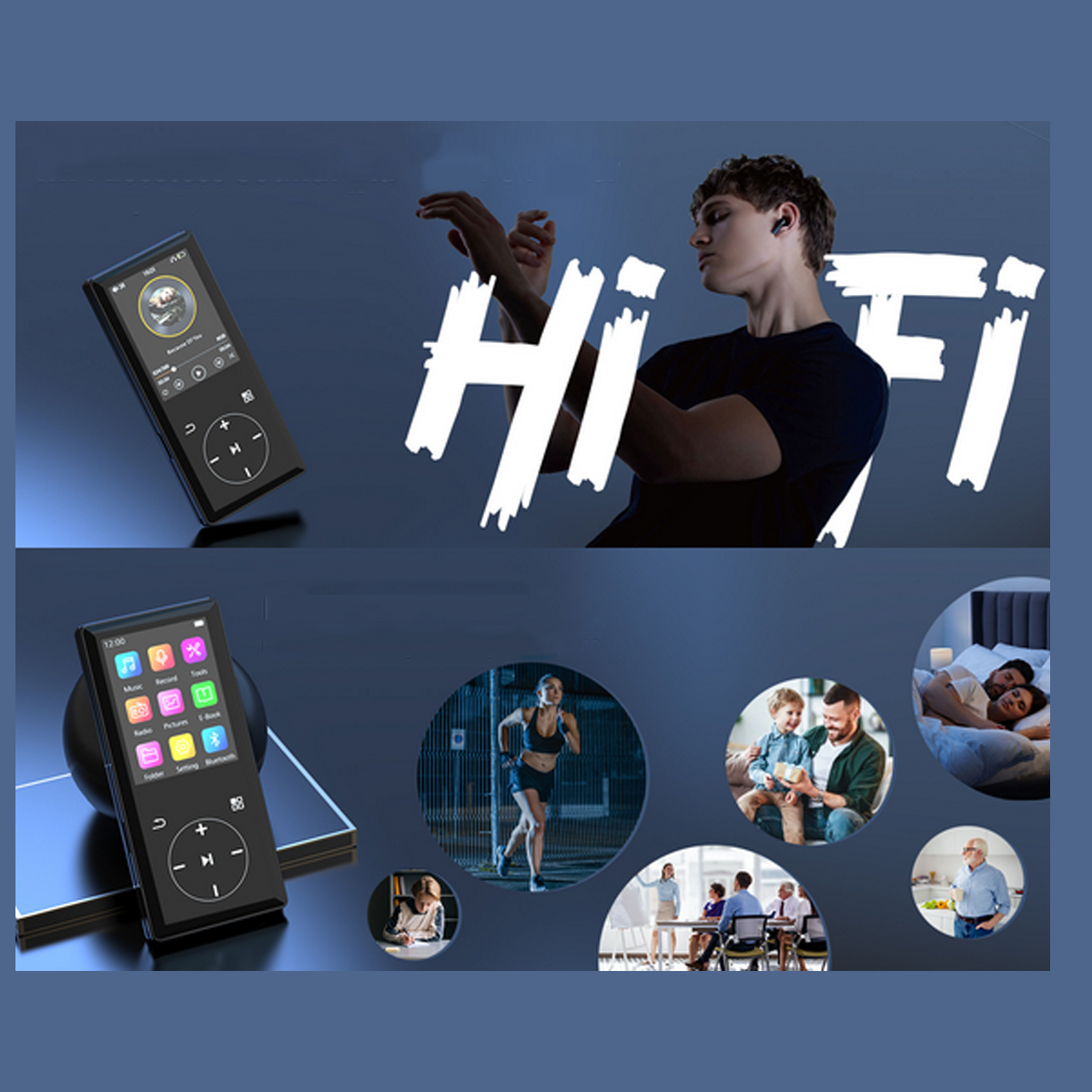Zwei Bilder. Eins von einem MP3-Player. Das andere hat einen Mann und Aktivitäten in Kreisen.
