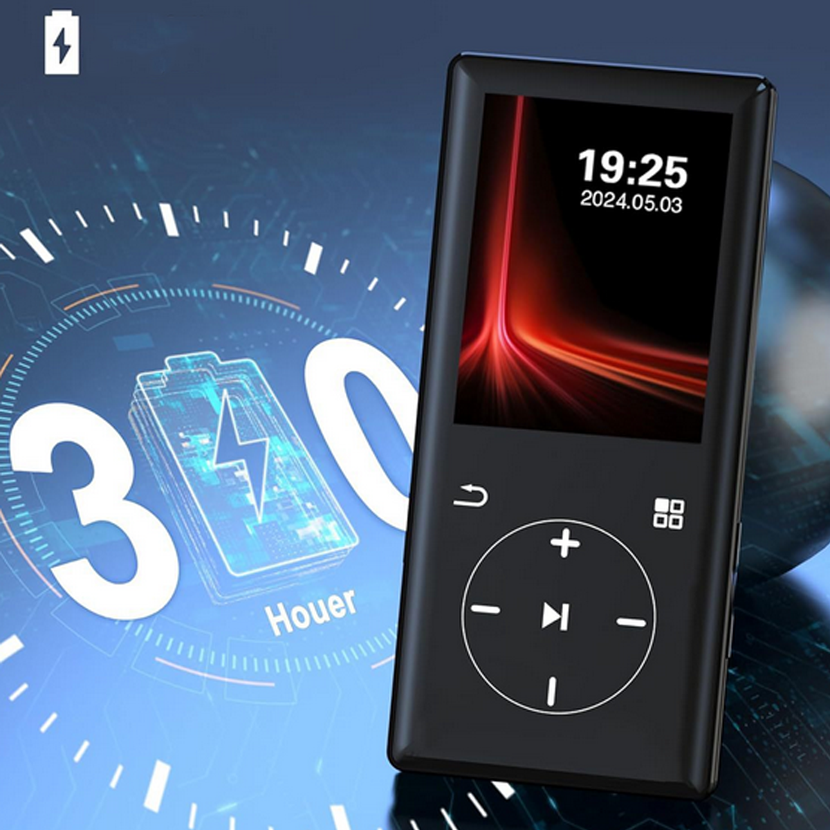 Schwarzer MP3-Player mit Bildschirm, der Zeit und Datum anzeigt. Links ein Akkusymbol.