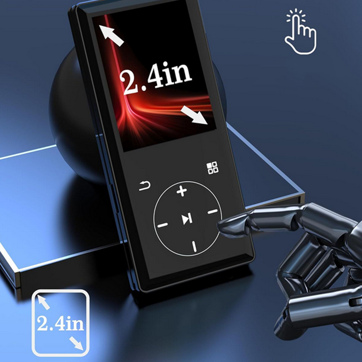 Schwarzer digitaler Musikplayer mit Touchscreen, zeigt 2,4 Zoll an. Hat Knöpfe.