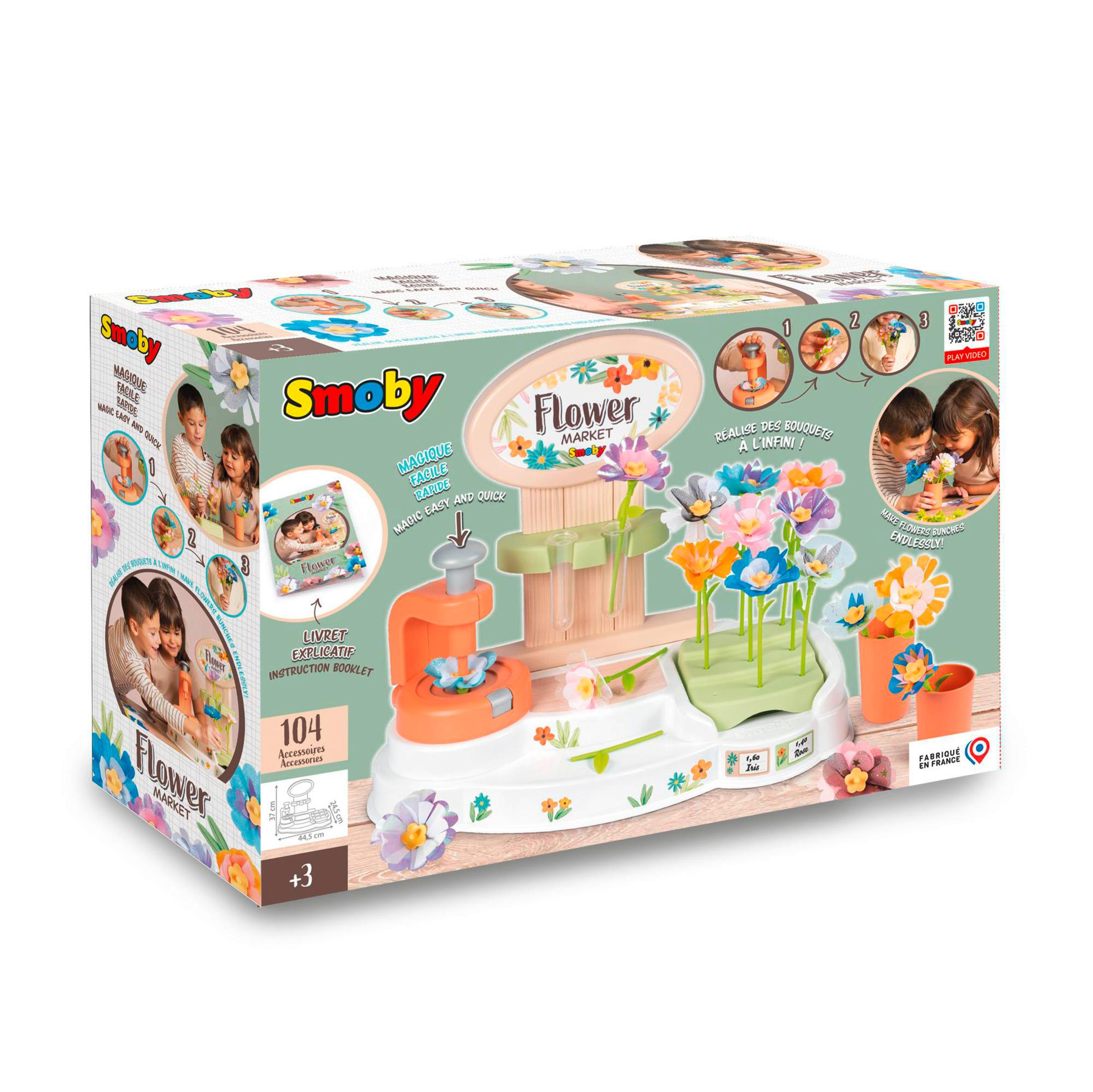 Smoby Flower Market Spielzeugkiste. Enthält bunte Blumen, Werkzeuge und Zubehör für Kinder.