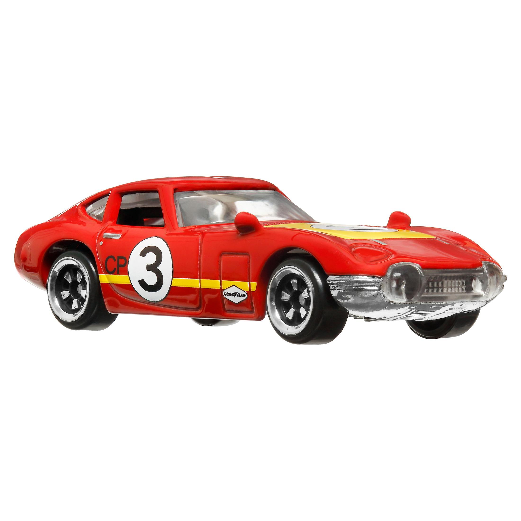 Coche de carreras rojo vintage con número 3, rayas amarillas y logo Goodyear.