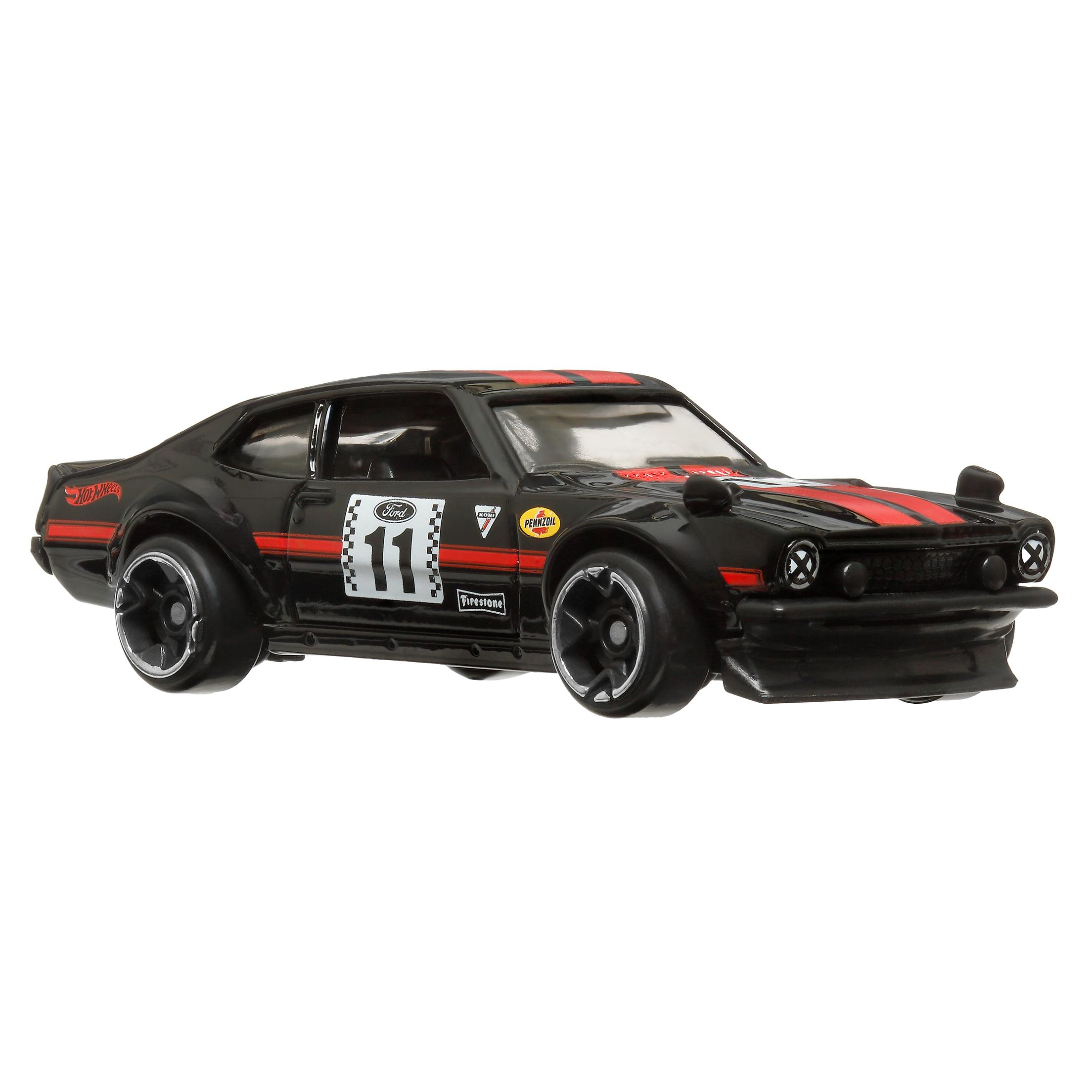 Coche Hot Wheels negro, rayas rojas, fondo blanco.