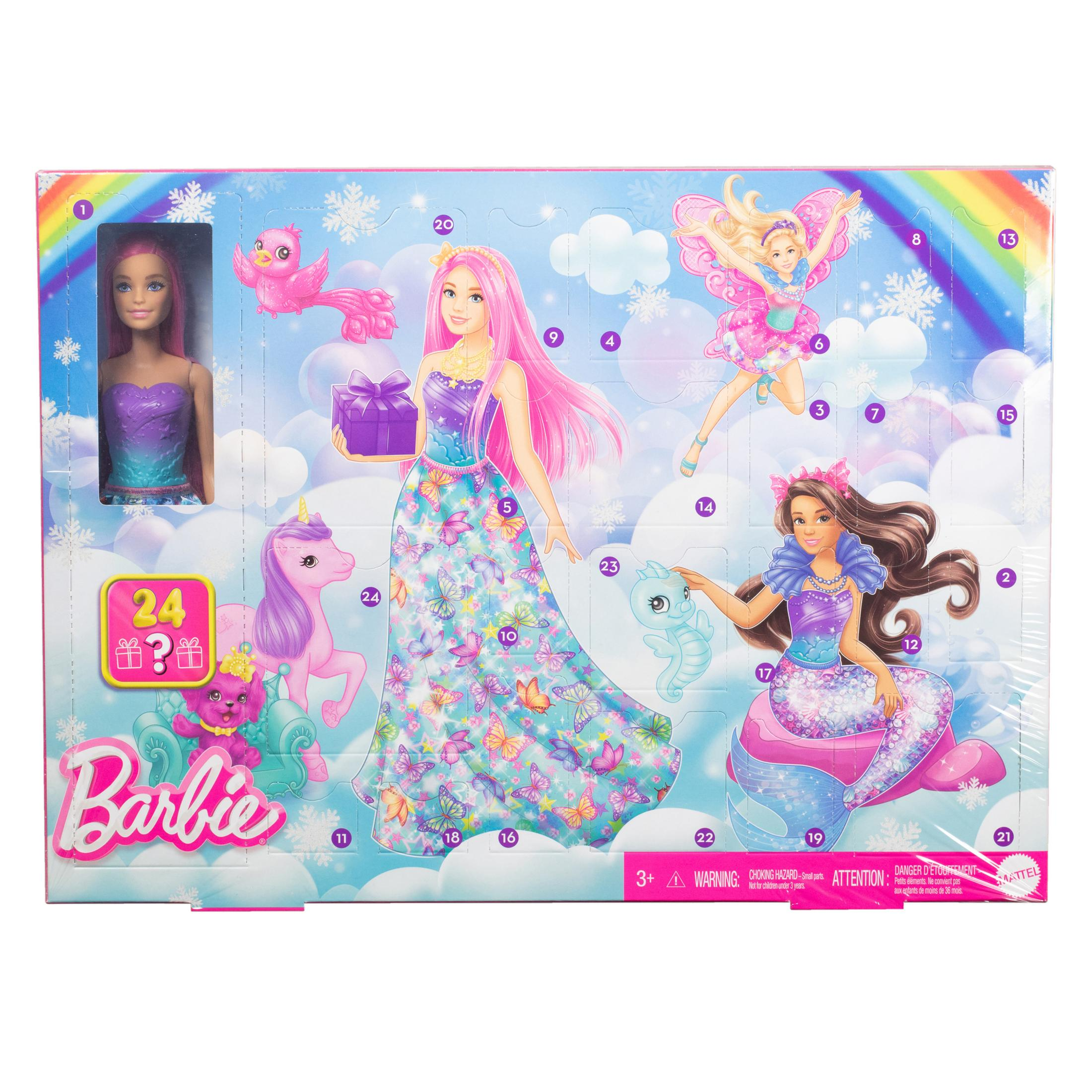 Kalendarz adwentowy Barbie z różnymi figurkami Barbie, na białym tle.