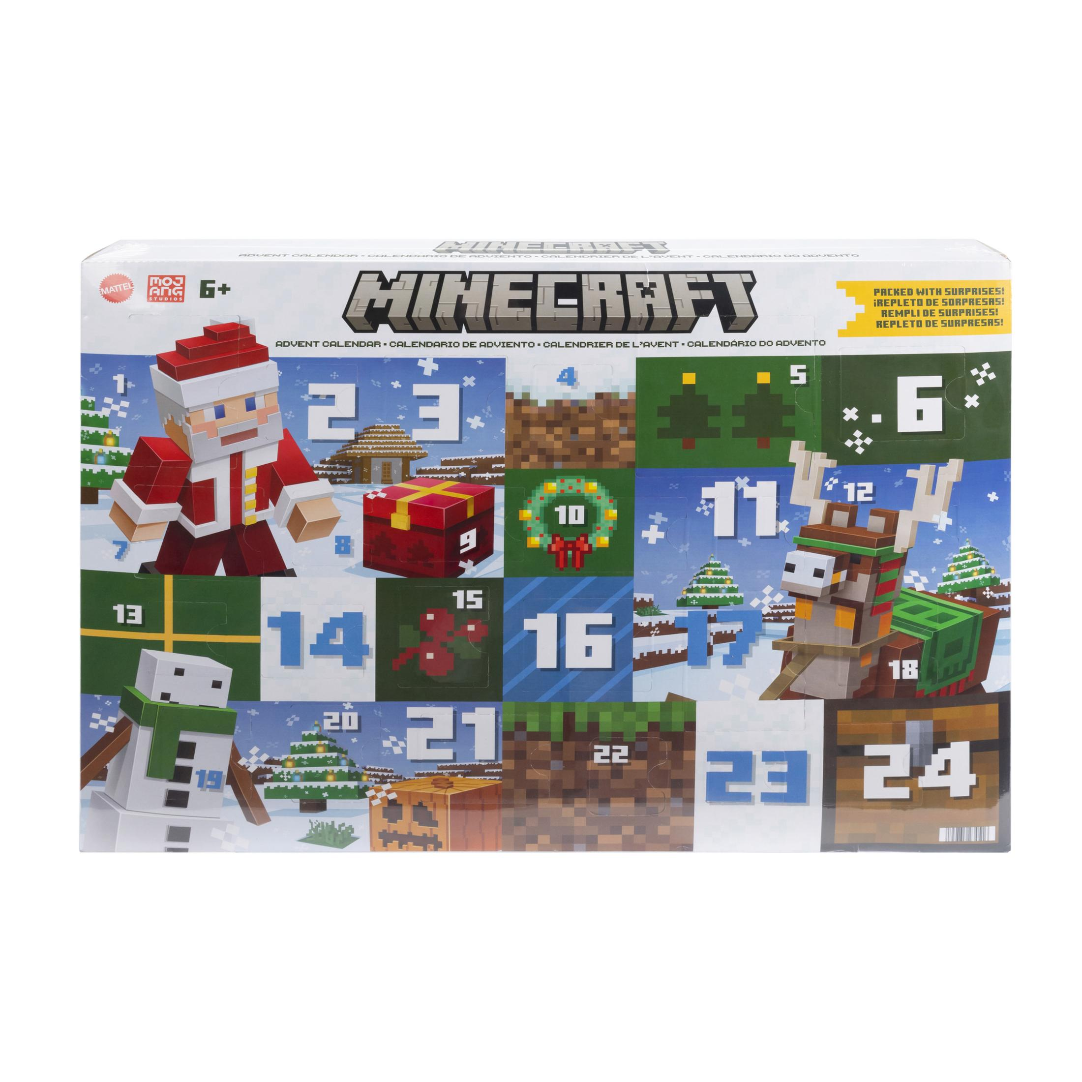 Minecraft Adventskalender mit nummerierten Türen und festlichen Bildern.