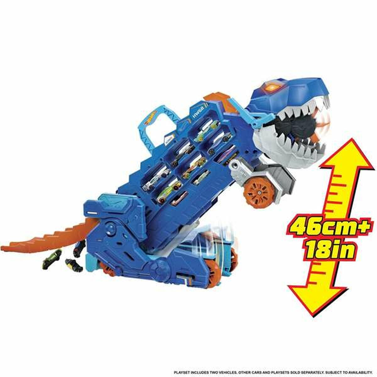 Transportador de coches de juguete de dinosaurio azul con detalles naranjas, 46cm+18in.