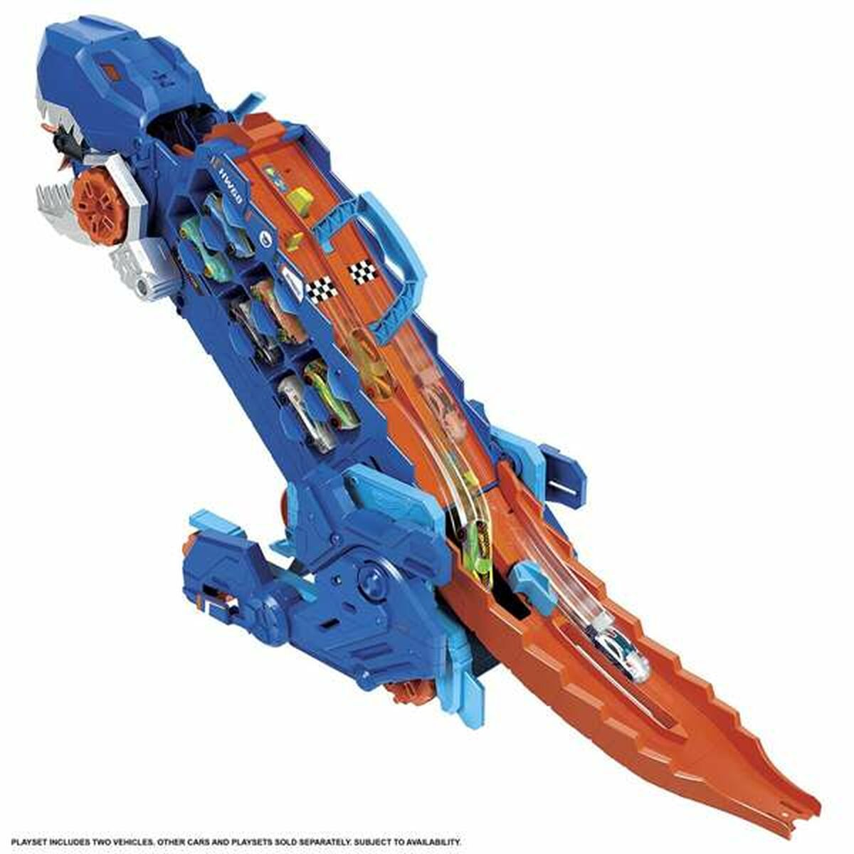 Pista Hot Wheels azul y naranja con coches y un lanzador.