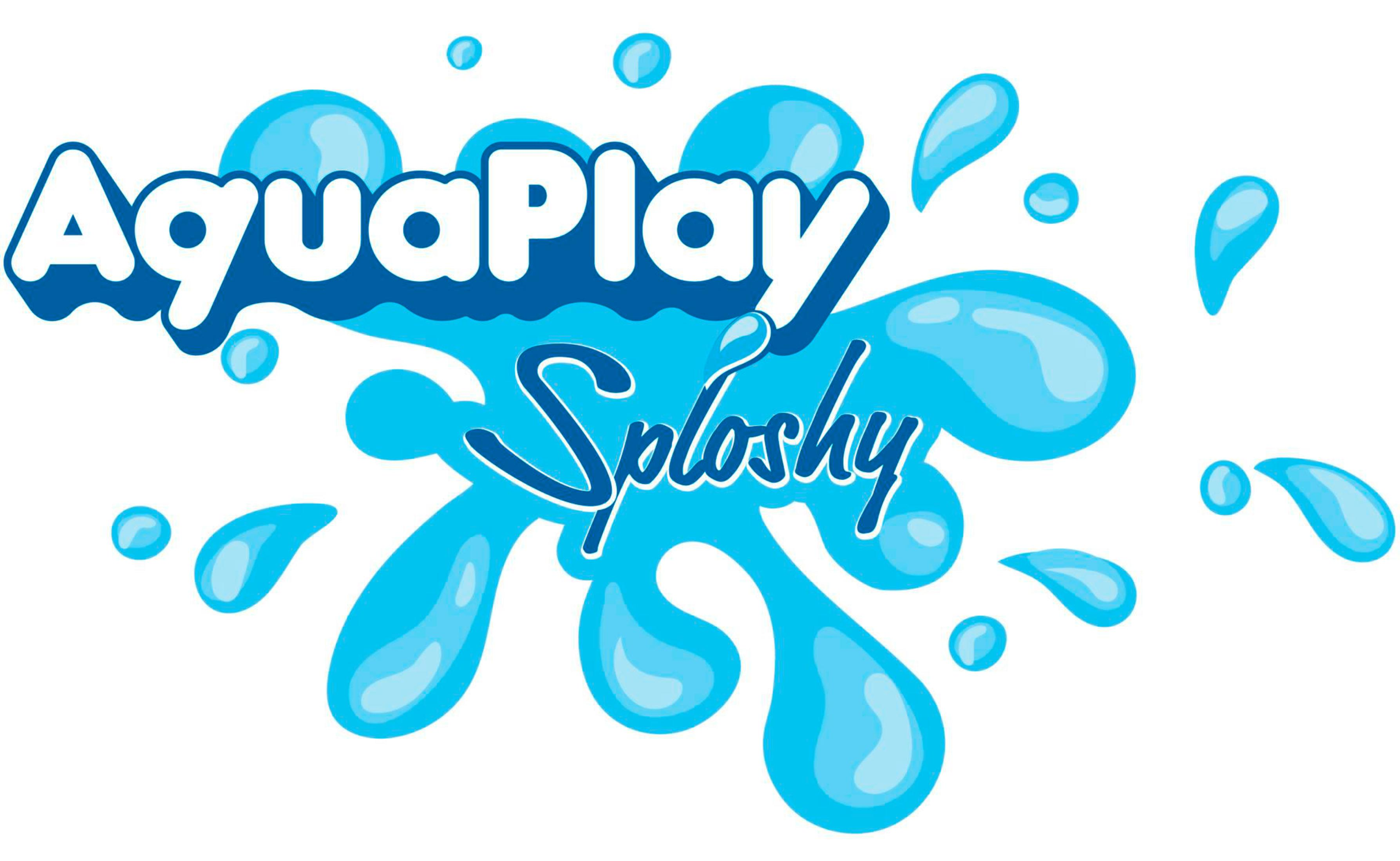 AquaPlay Sploshy Logo mit blauem Wasserspritzer-Design auf weißem Hintergrund. Der Text ist weiß und blau.