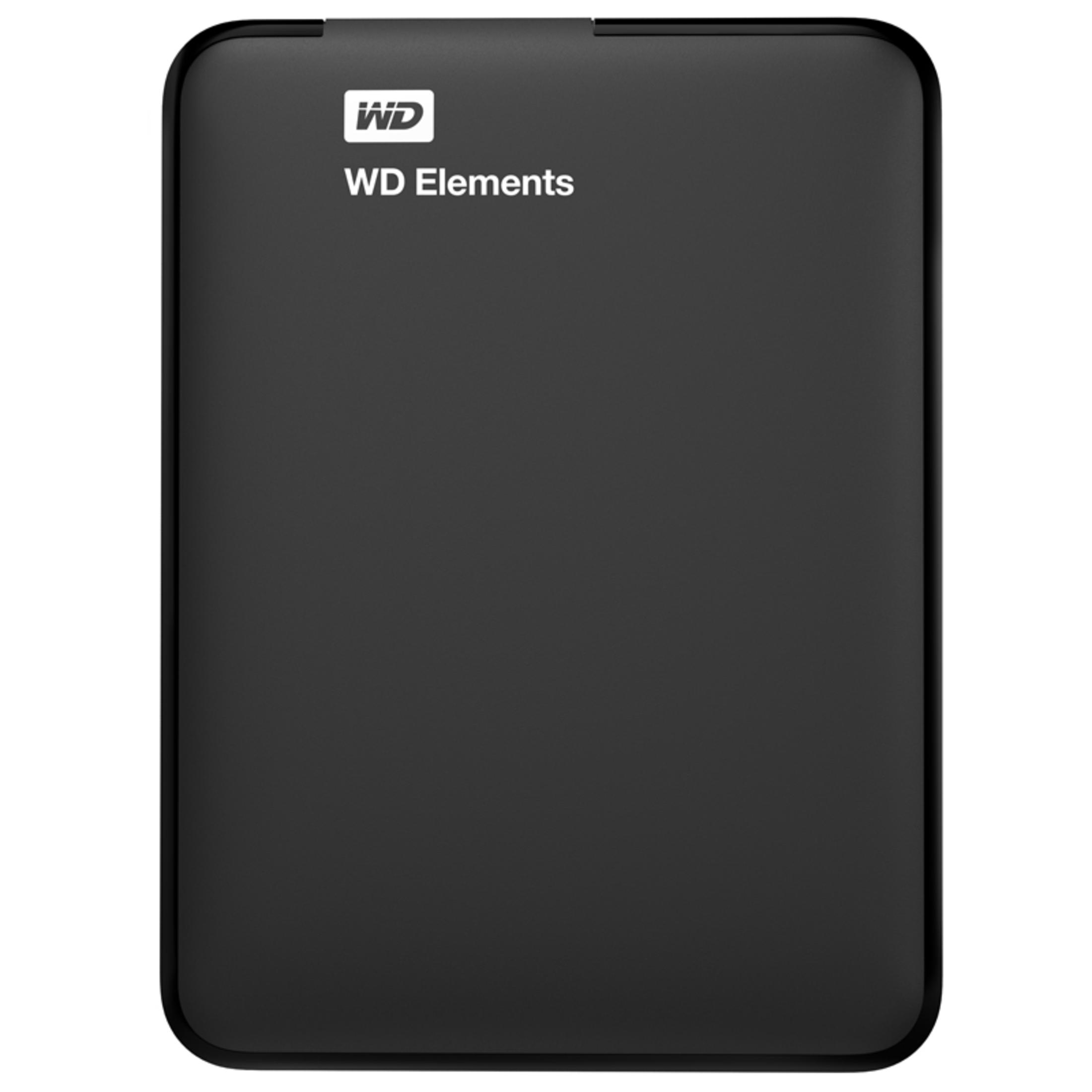 Czarny zewnętrzny dysk twardy WD Elements. Biały napis 'WD Elements' na czarnej powierzchni.