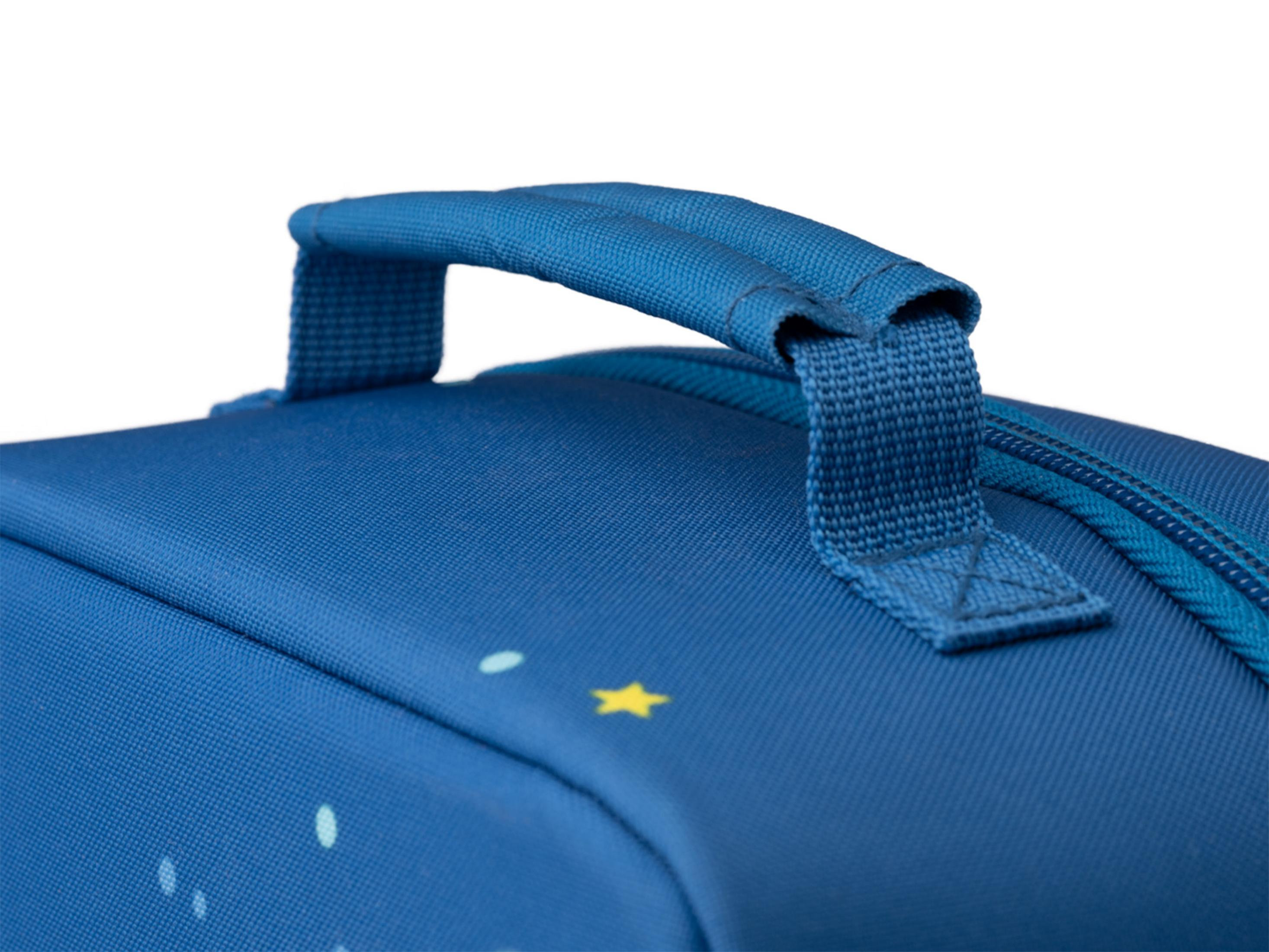 Nahaufnahme eines blauen Taschengriffs mit sternförmigem Muster.