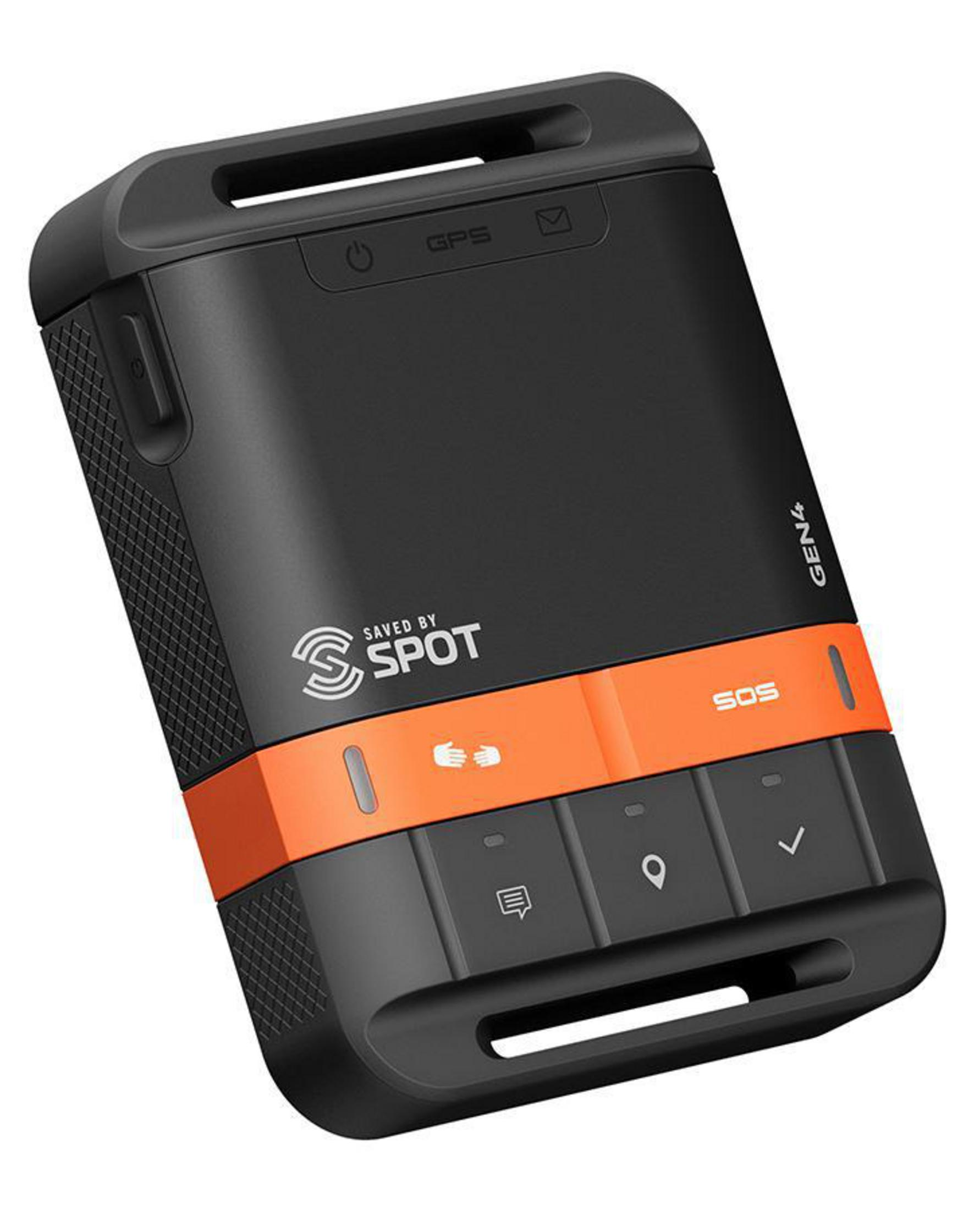 Schwarz-oranges GPS-Gerät mit Knöpfen und 'Saved by SPOT' Logo.