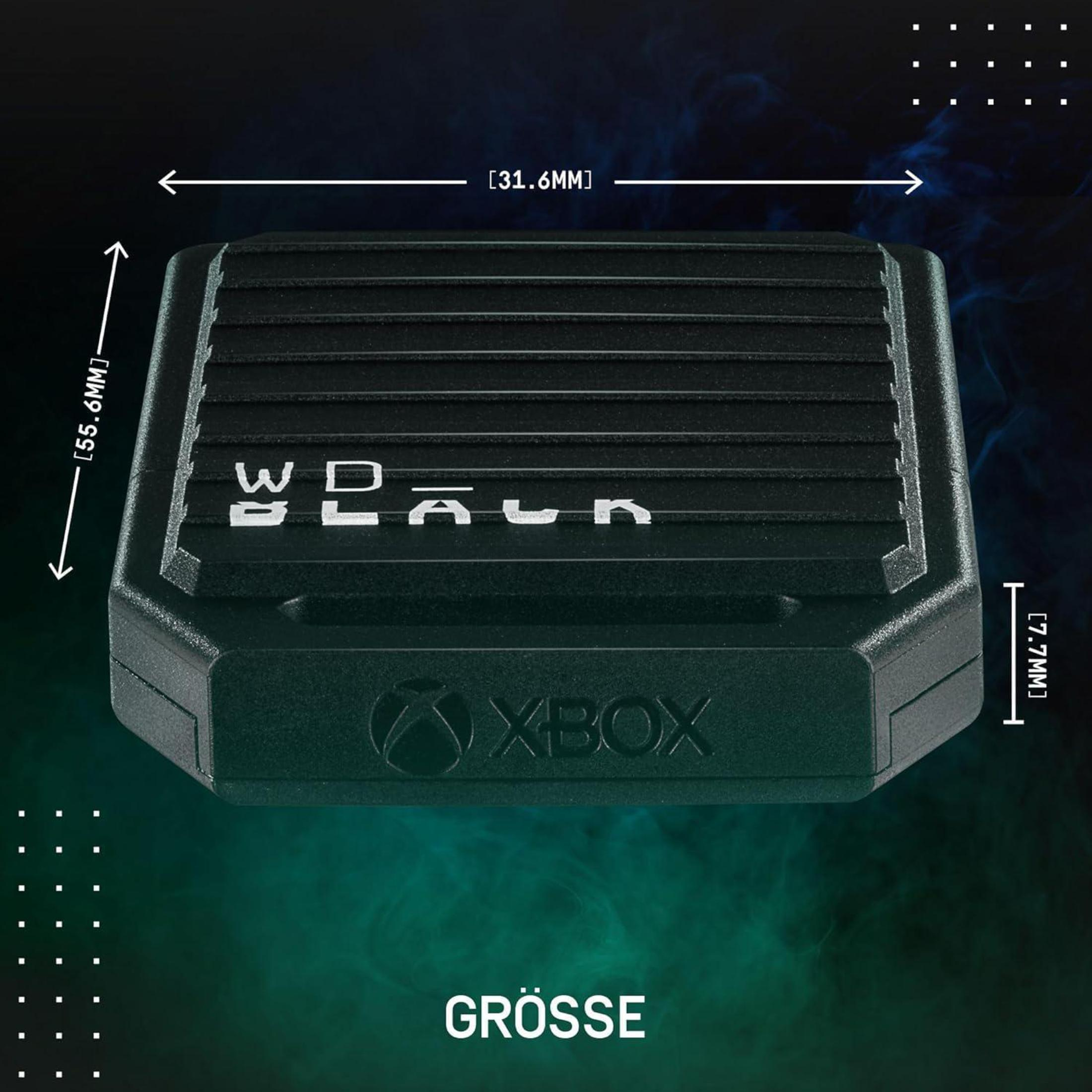 Schwarze externe Festplatte mit 'WD BLACK' und 'XBOX' Logos. Abmessungen sind angegeben.