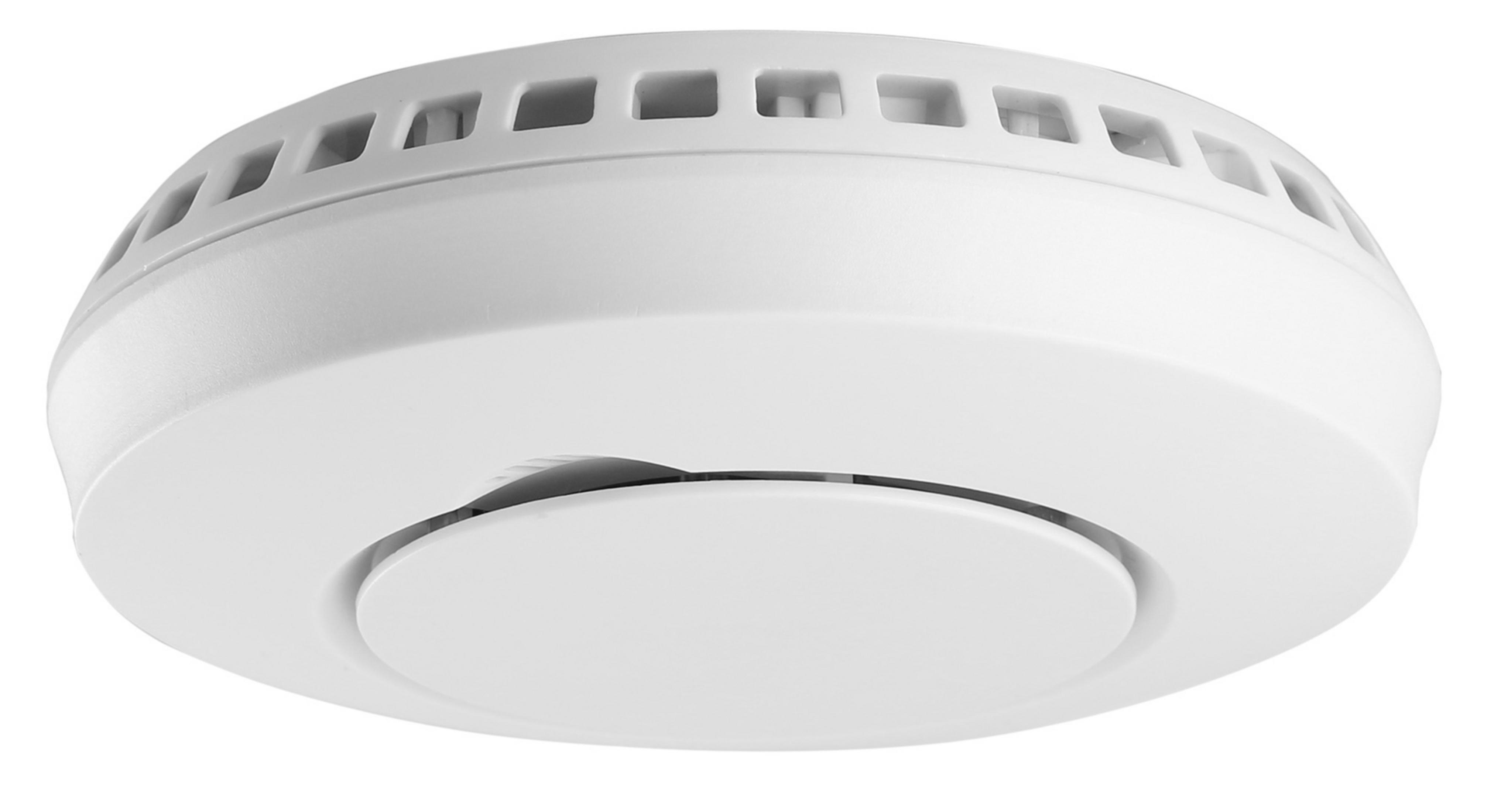 Biały czujnik dymu. Jest to urządzenie okrągłe z szeregiem otworów wentylacyjnych i centralnym otworem na czujnik.