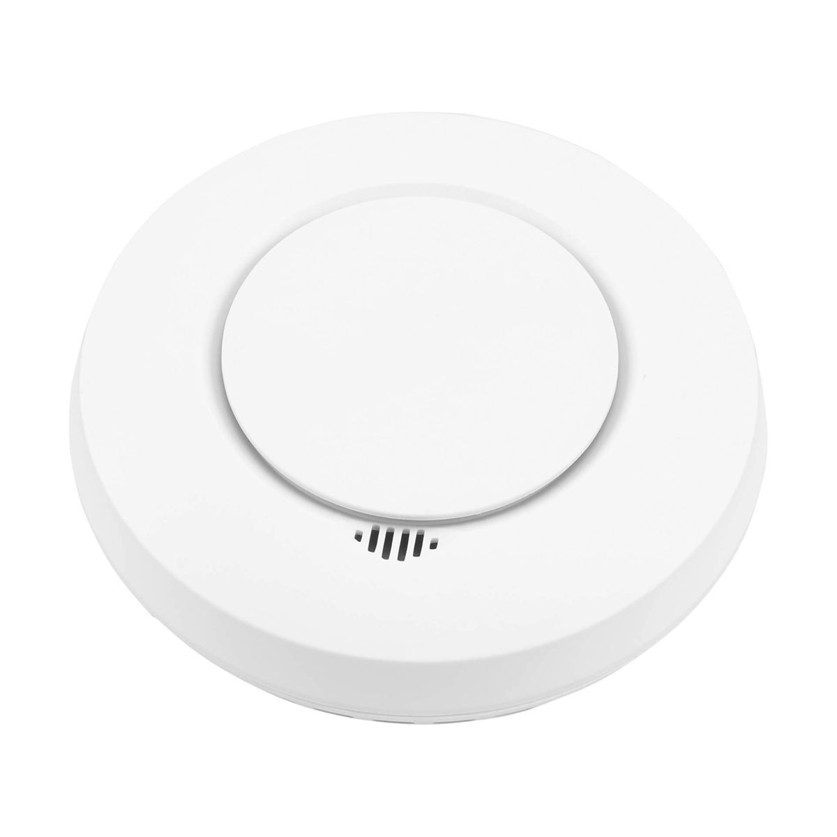 Biały czujnik dymu, urządzenie kołowe, widok z góry.