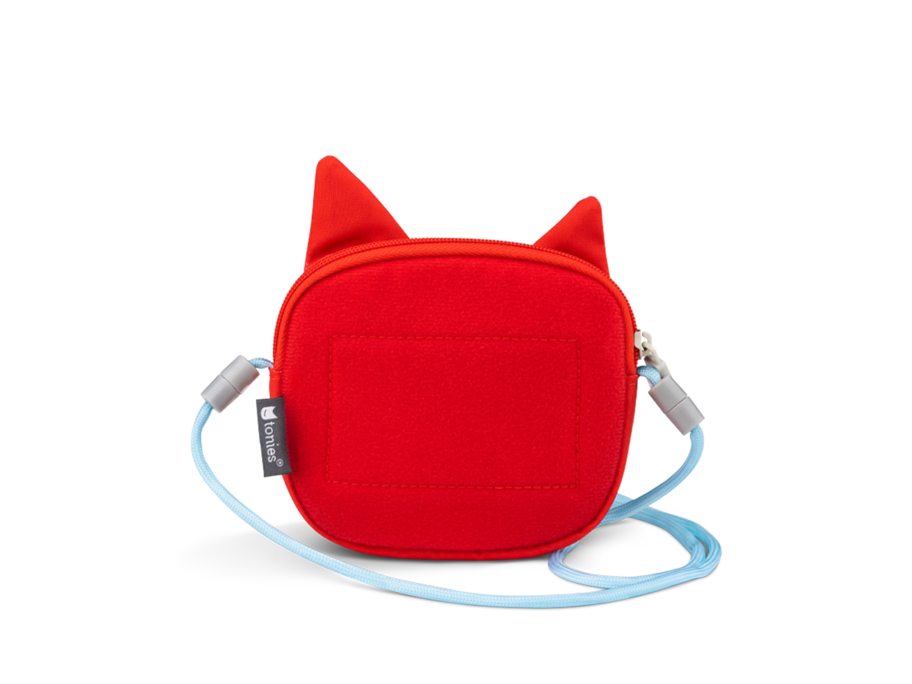 Eine rote katzenförmige Tasche mit hellblauem Riemen und Reißverschluss, auf weißem Grund.