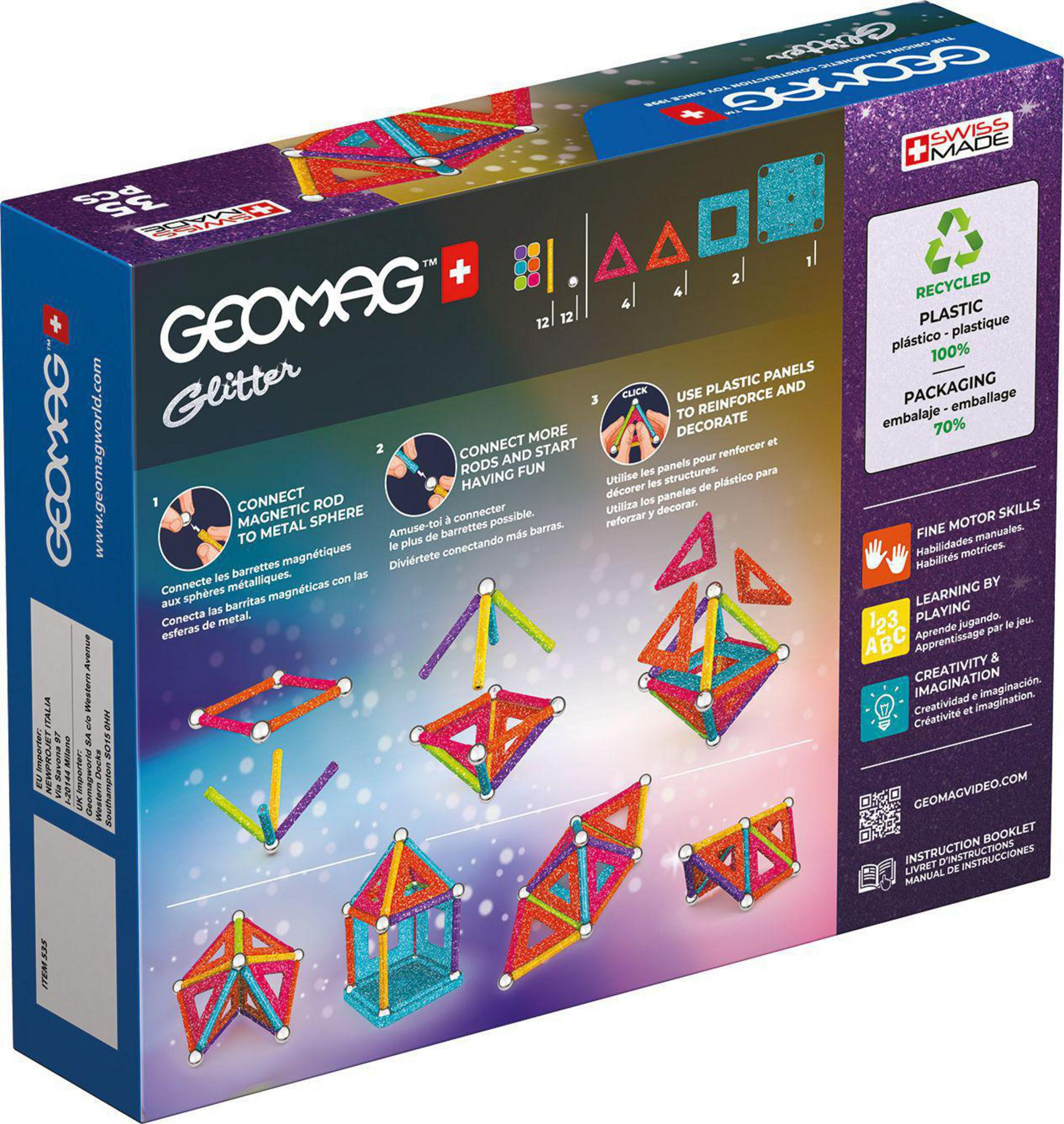 Una caja del juguete Geomag Glitter. Tiene varillas magnéticas y esferas metálicas. Se muestran instrucciones.