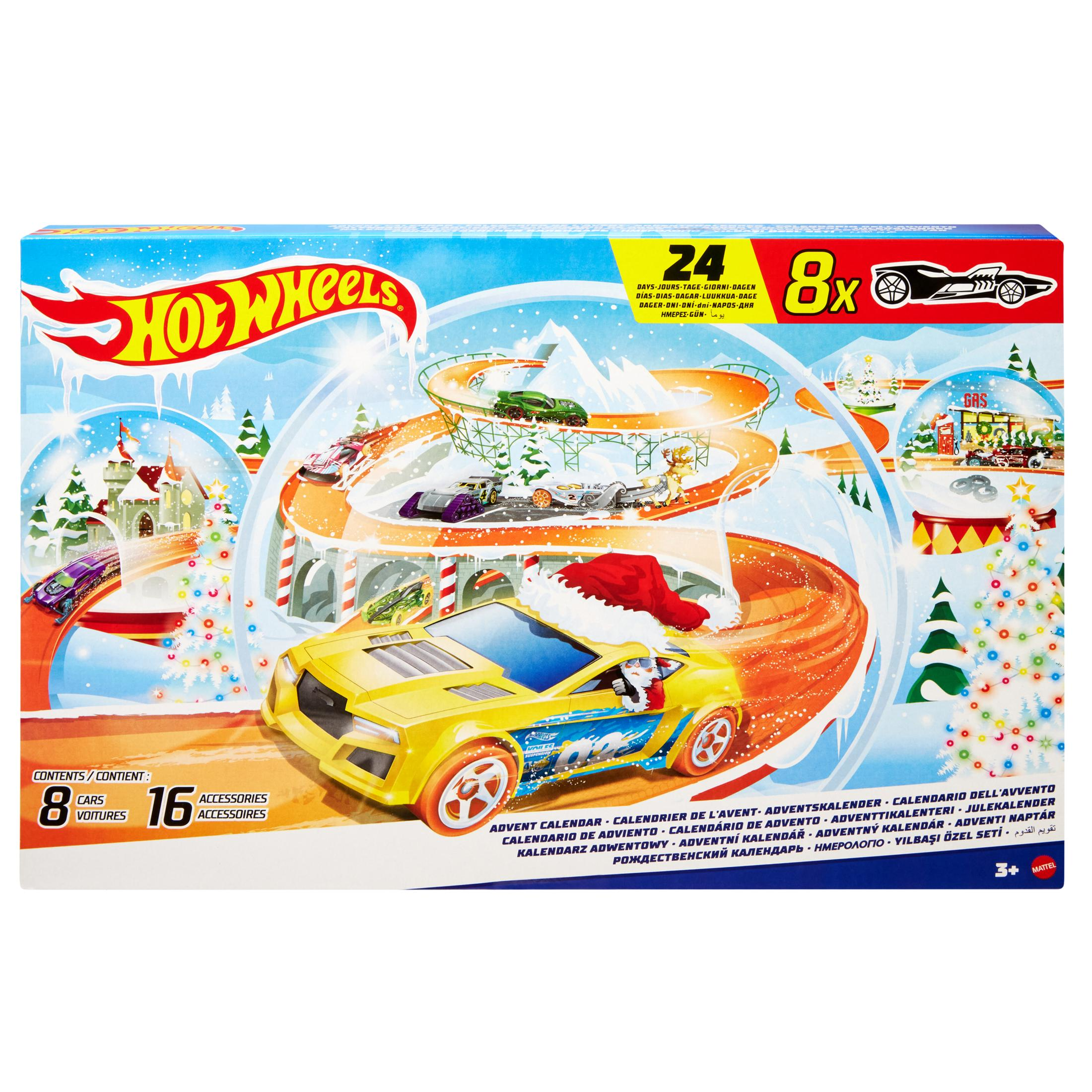 Un calendario de adviento de Hot Wheels con coches de juguete dentro de una escena invernal.