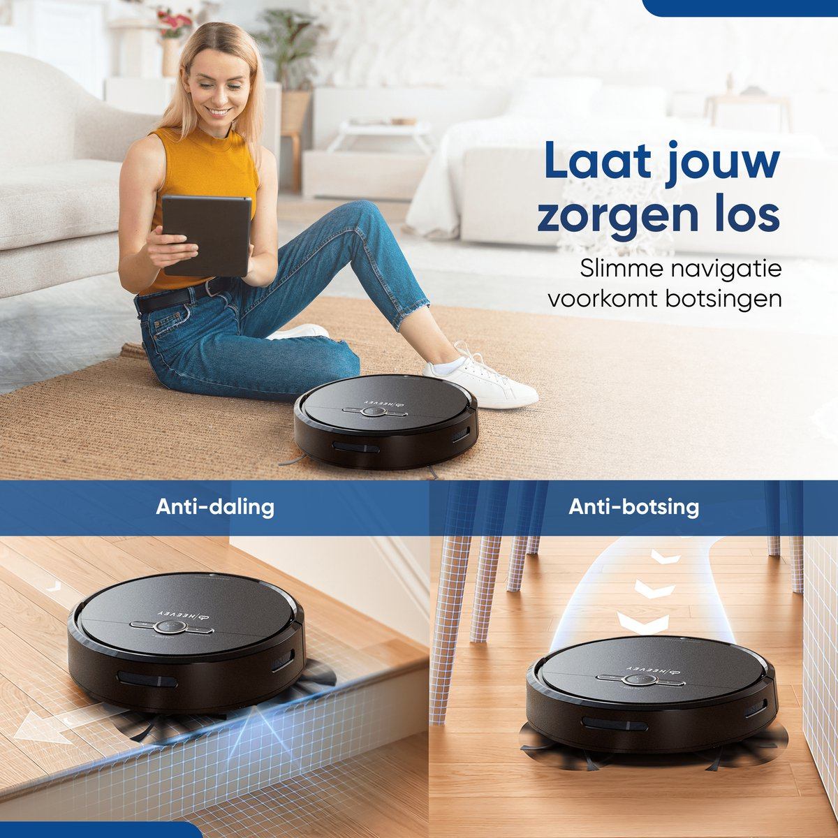 Femme utilisant une tablette, aspirateur robot, flèches et texte.