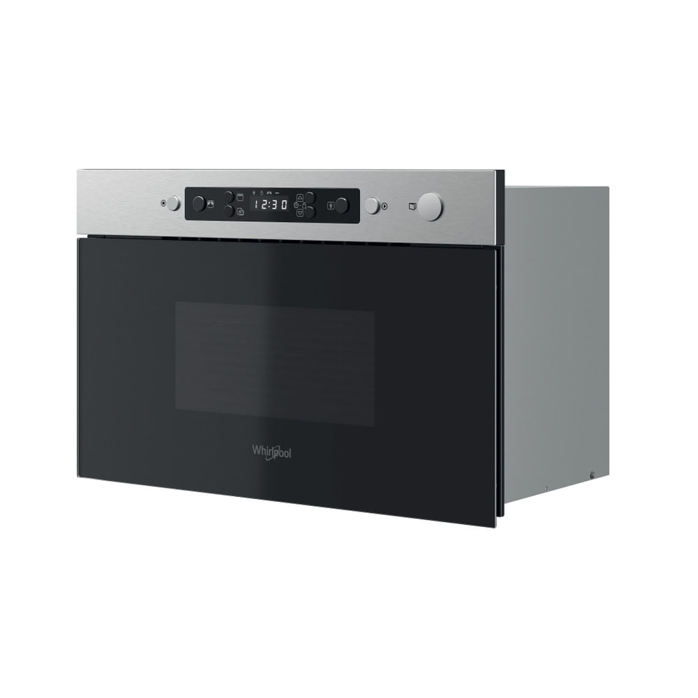 Un forno a microonde argentato da incasso con porta nera, che mostra l'ora e i comandi.