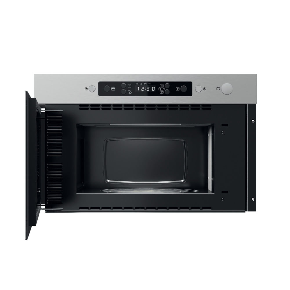 Forno a microonde con porta aperta. Argento e nero, display digitale, pulsanti.