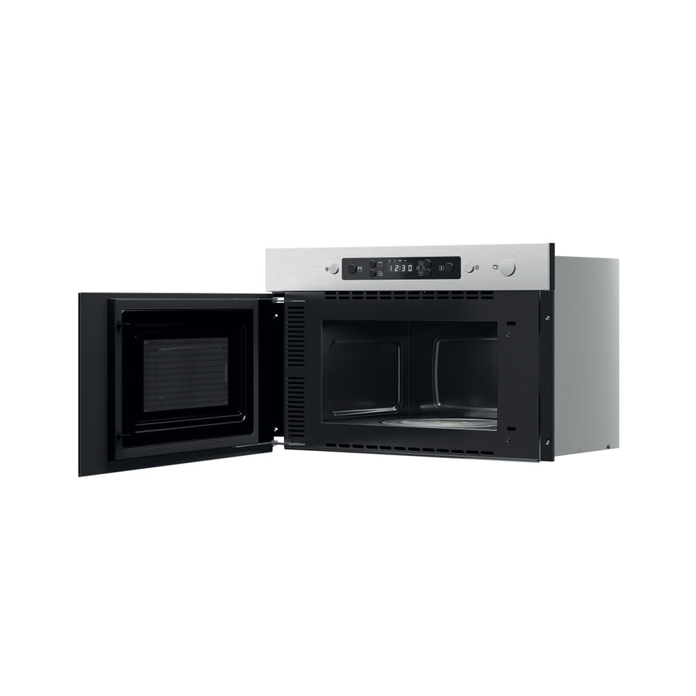 Un forno a microonde con la porta aperta, che rivela l'interno. Su sfondo bianco.