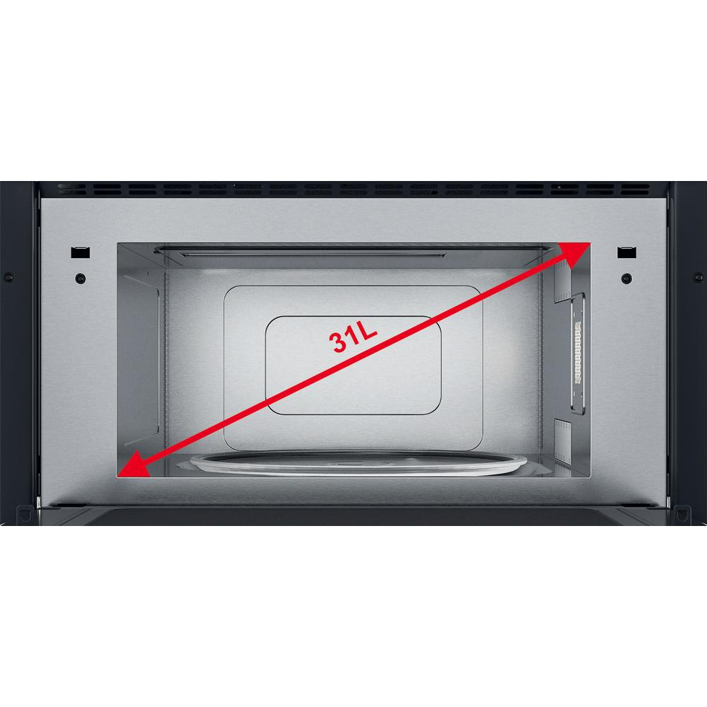 Interior del microondas. Interior plateado, con flecha roja que indica 31L.