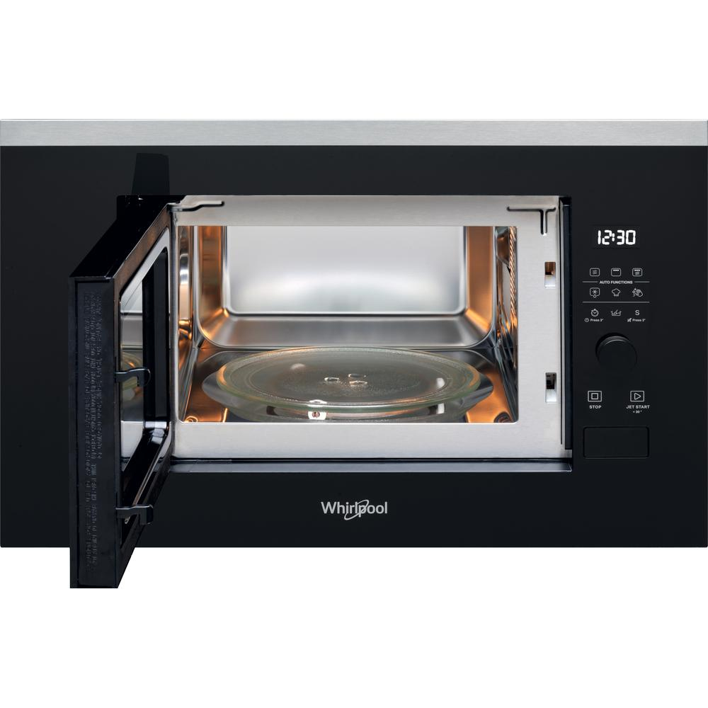 Whirlpool microwave, black front, open door, glass plate inside, digital display.