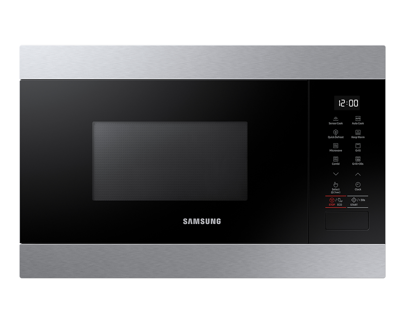 Forno a microonde Samsung con porta nera e cornice argentata. Comandi e orologio digitale.