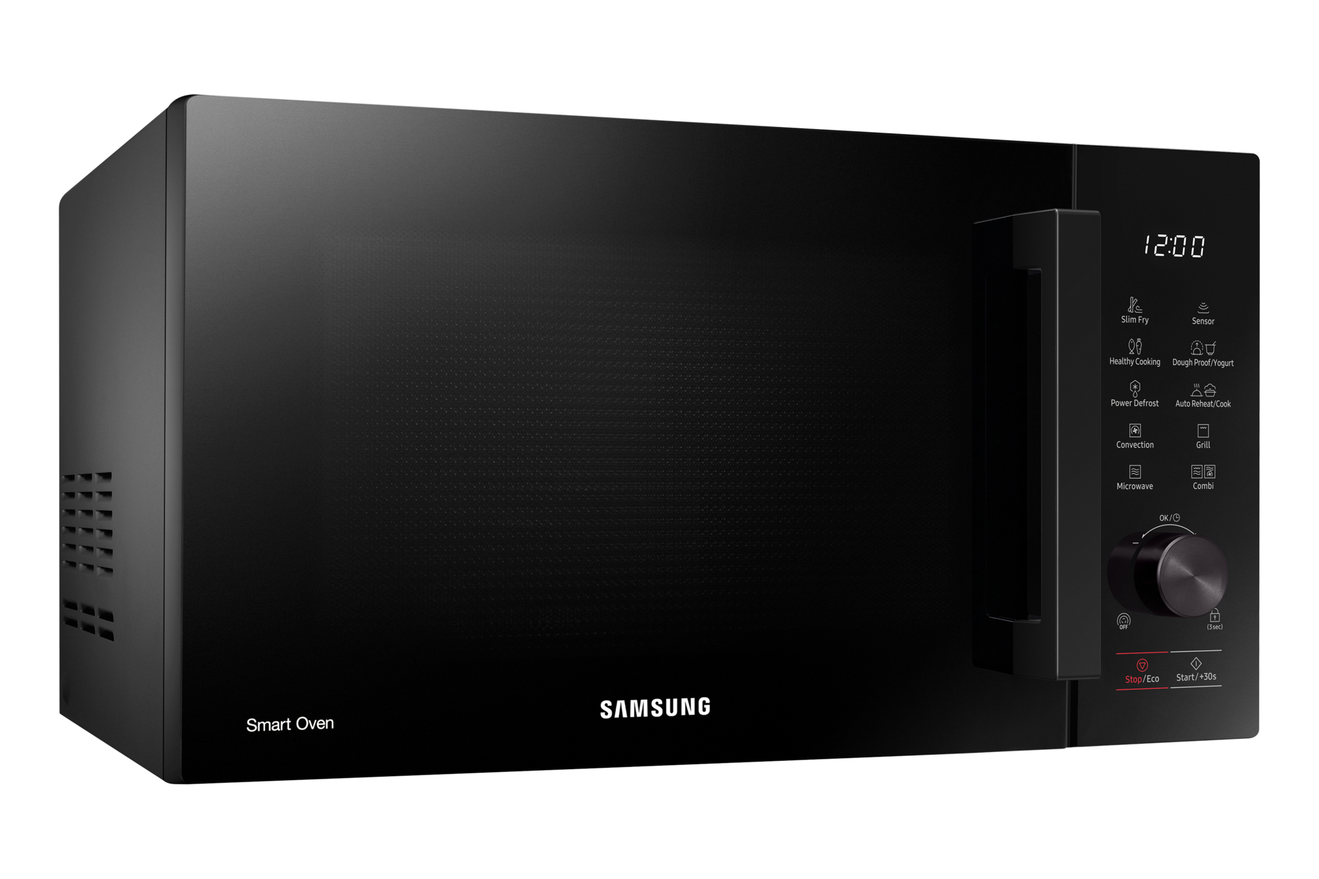 Forno intelligente Samsung nero, vista frontale. Display orologio digitale e pannello di controllo a destra.