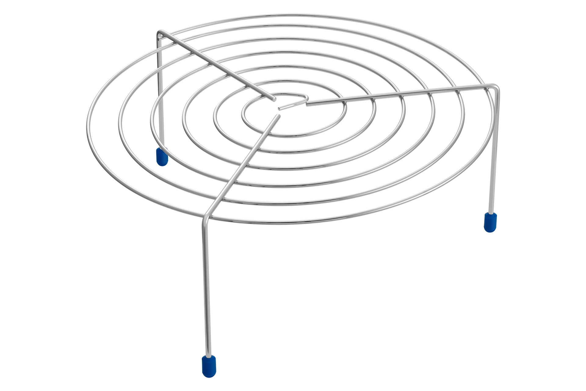 Un sottopentola circolare in metallo argentato con tre gambe e un piedino in gomma blu.