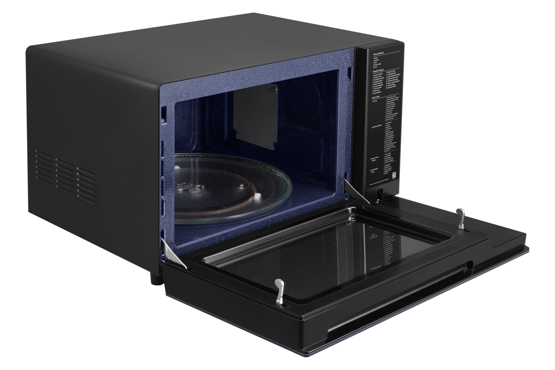 Czarna kuchenka mikrofalowa z otwartymi drzwiami. Wnętrze niebieskie, szklany talerz. Panel.