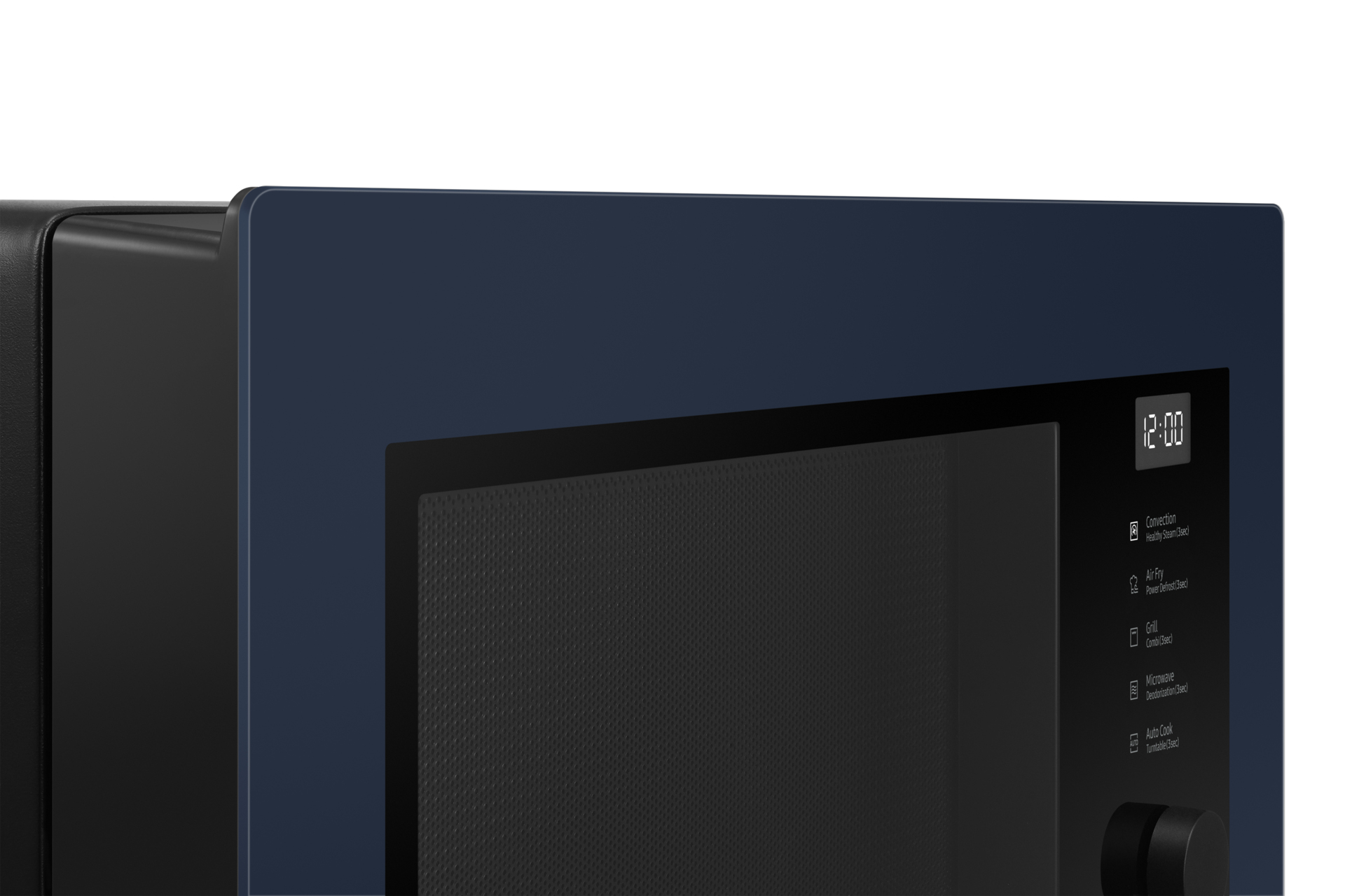 Granatowa kuchenka mikrofalowa z czarnymi drzwiami. Na ekranie wyświetlana jest godzina.